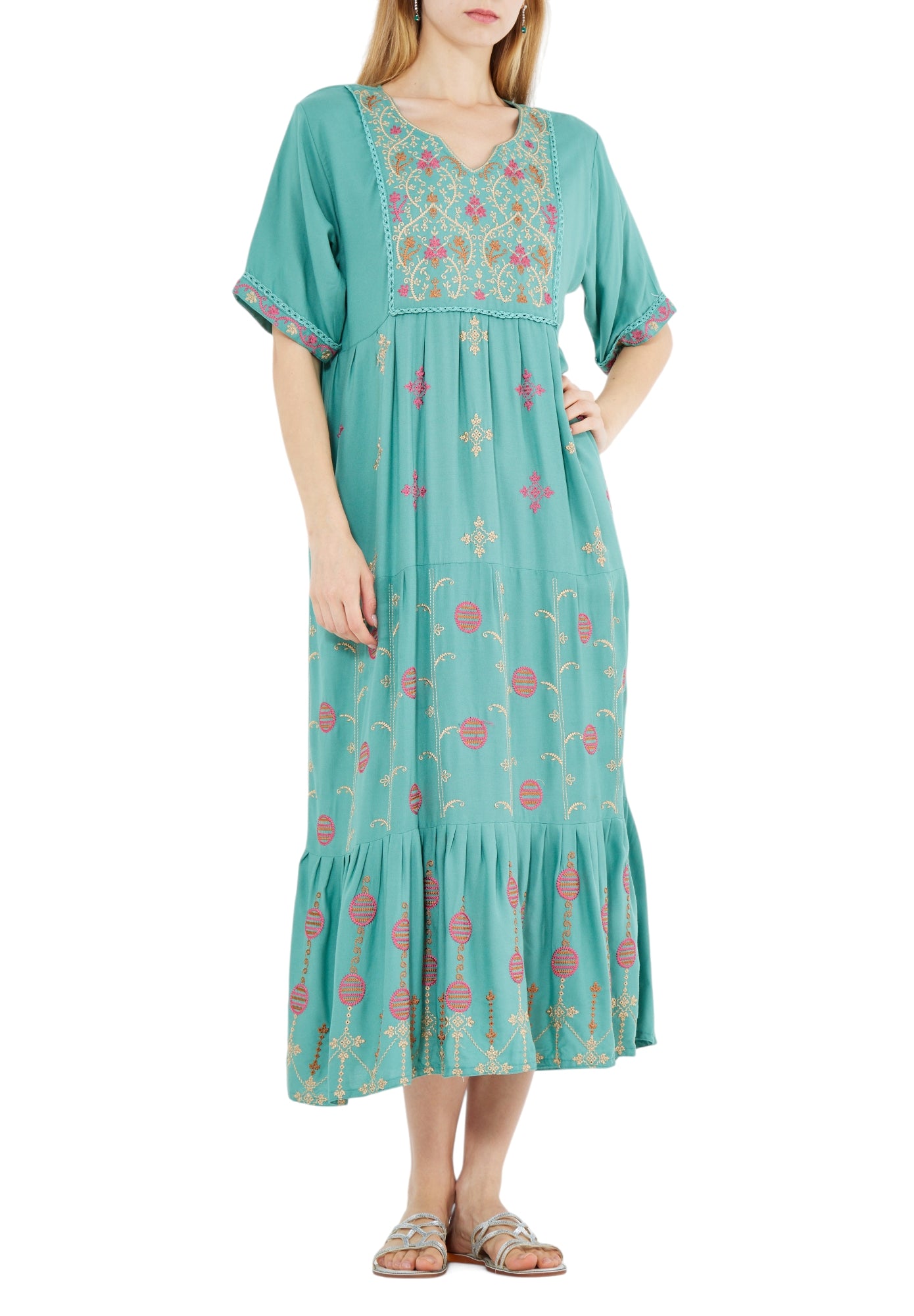 Beautiful Printed Midi Dress With Half Sleeves And V-Neckline