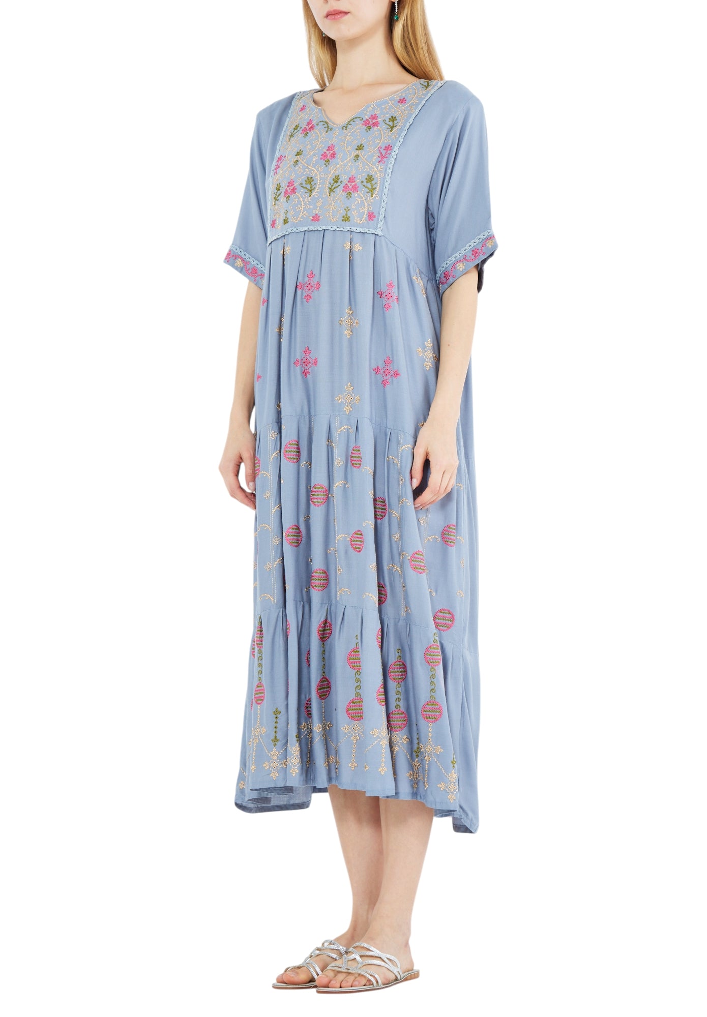 Beautiful Printed Midi Dress With Half Sleeves And V-Neckline