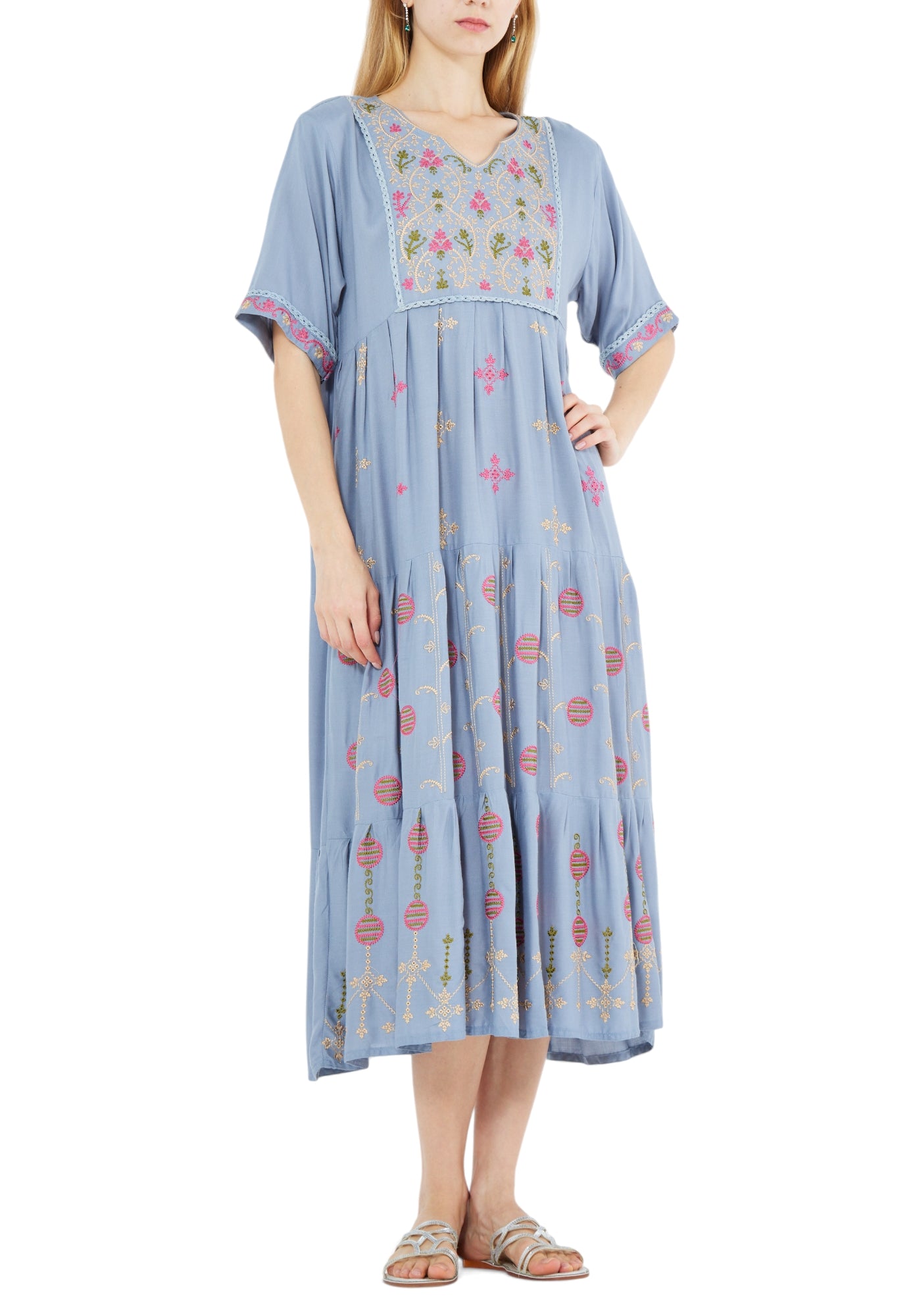 Beautiful Printed Midi Dress With Half Sleeves And V-Neckline