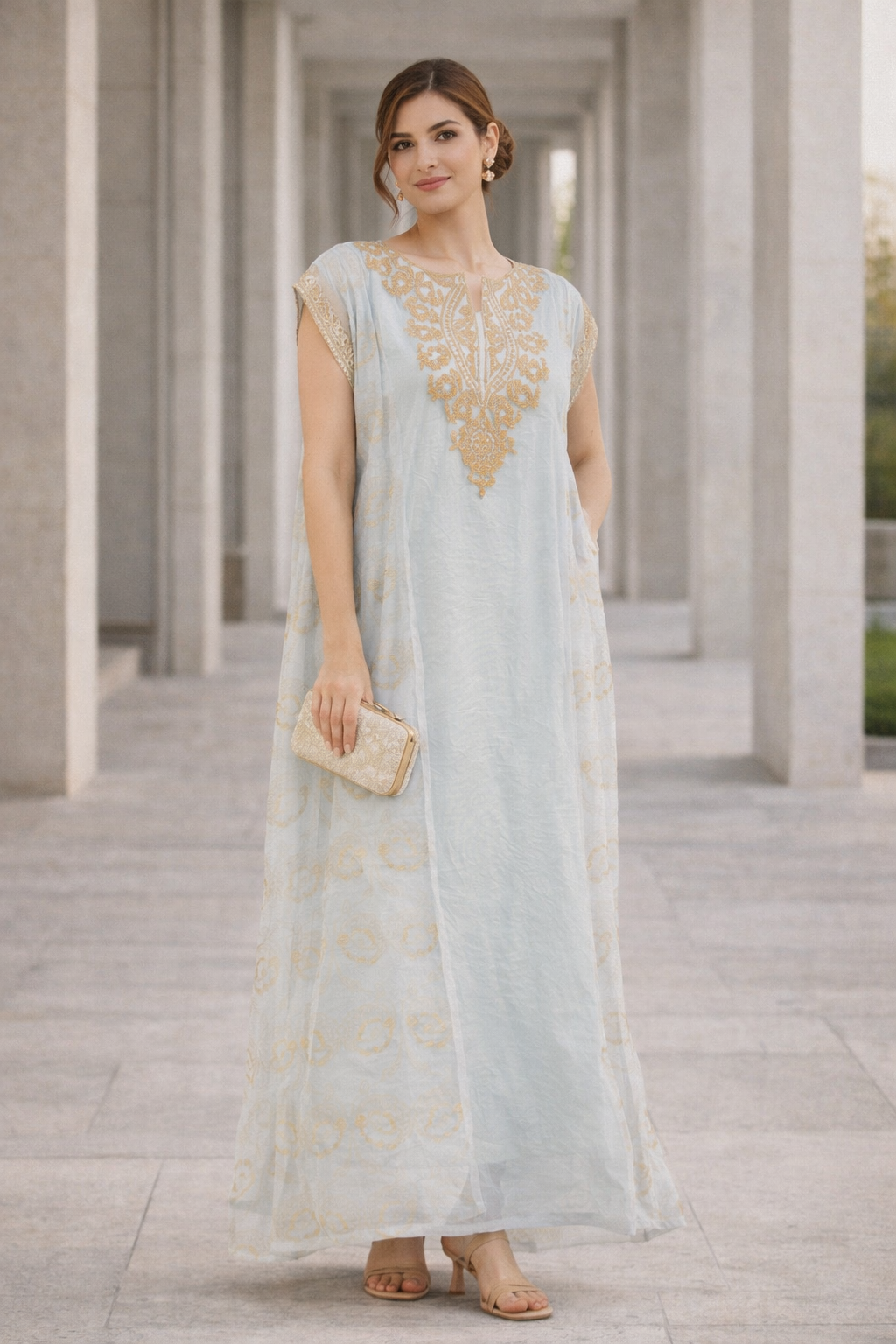 Stunning Embroidered A-Line Long Dress With Keyhole Neckline And Cape Sleeves