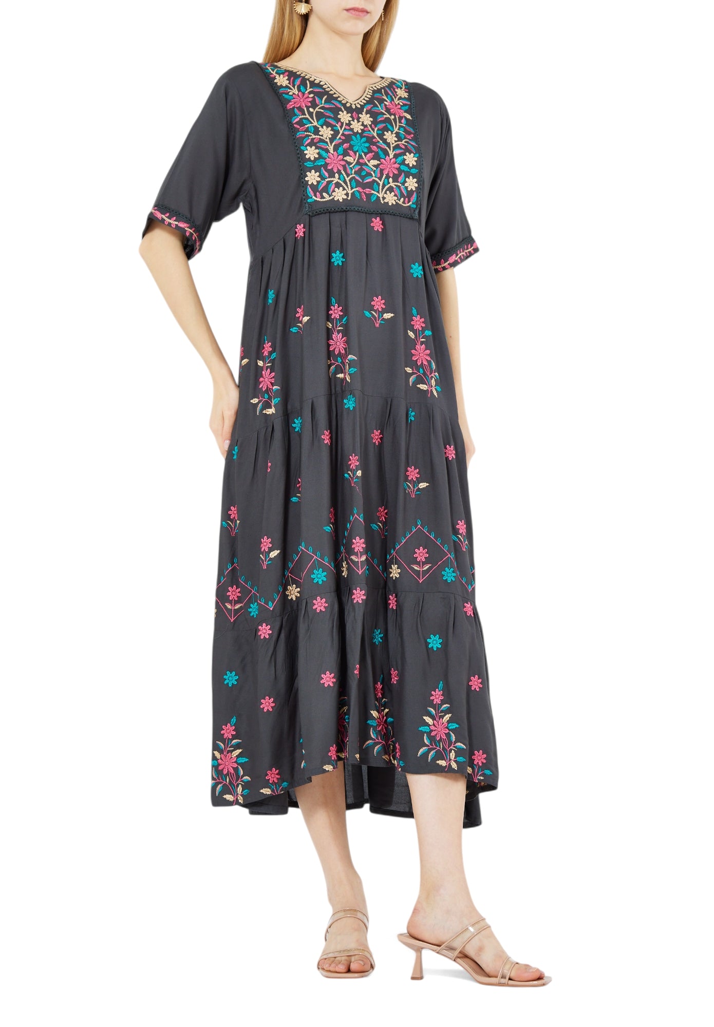 Beautiful Linen Embroidered High Low Midi Dress With Modified V-Neckline with Half Sleeves
