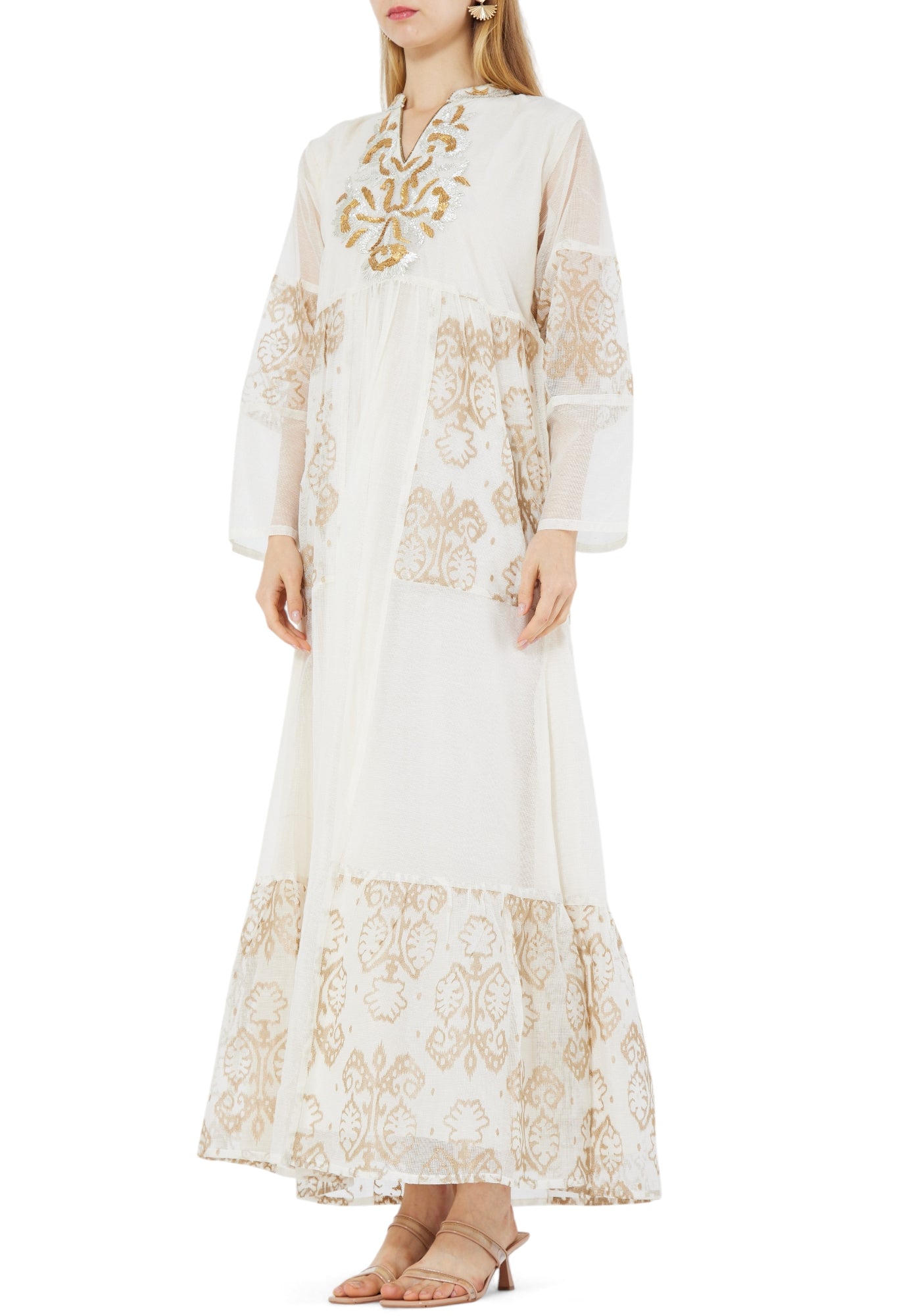 Stunning Embroidered Organza Frilled Long Dress With V-Neckline With Long Sleeves