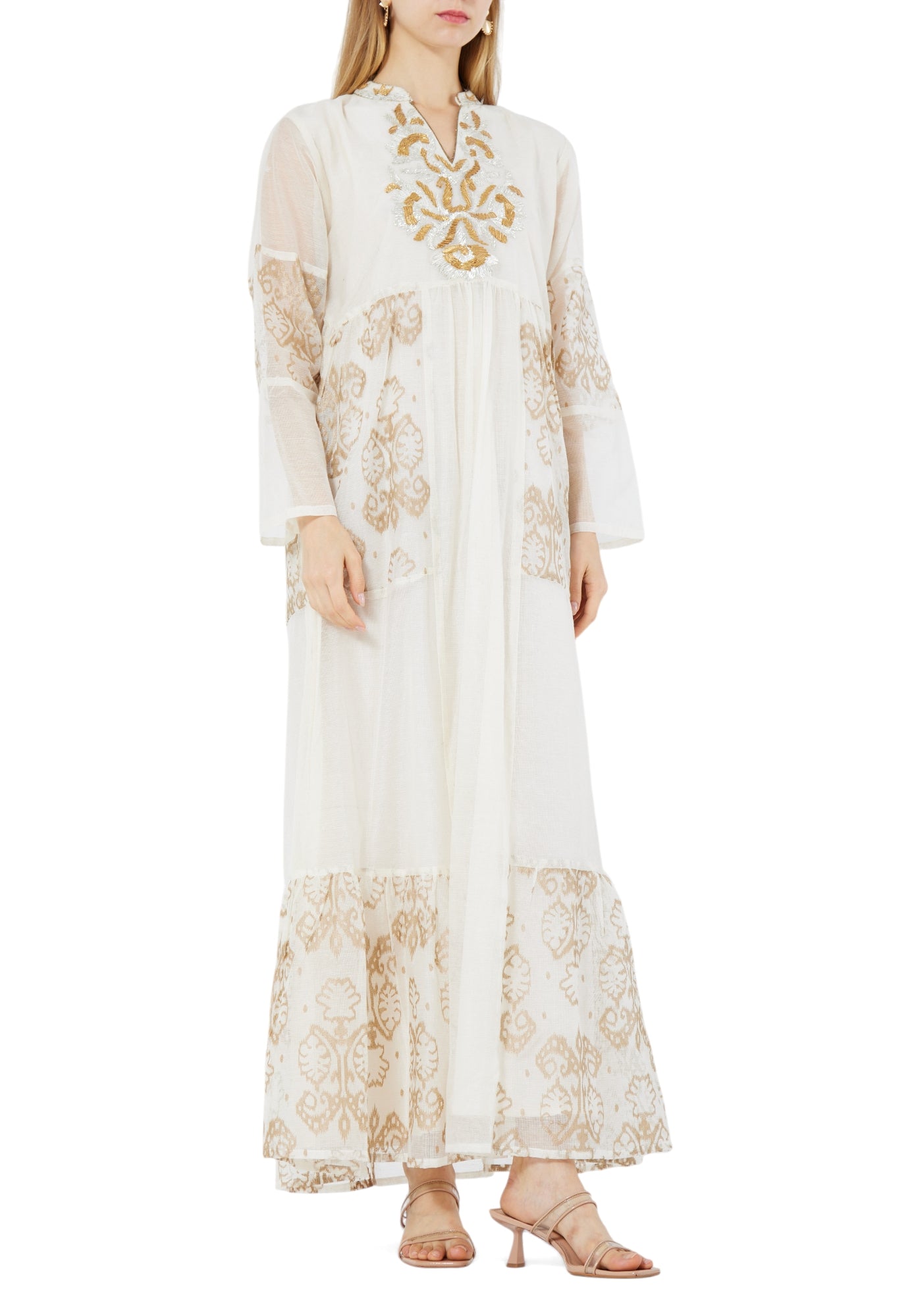 Stunning Embroidered Organza Frilled Long Dress With V-Neckline With Long Sleeves