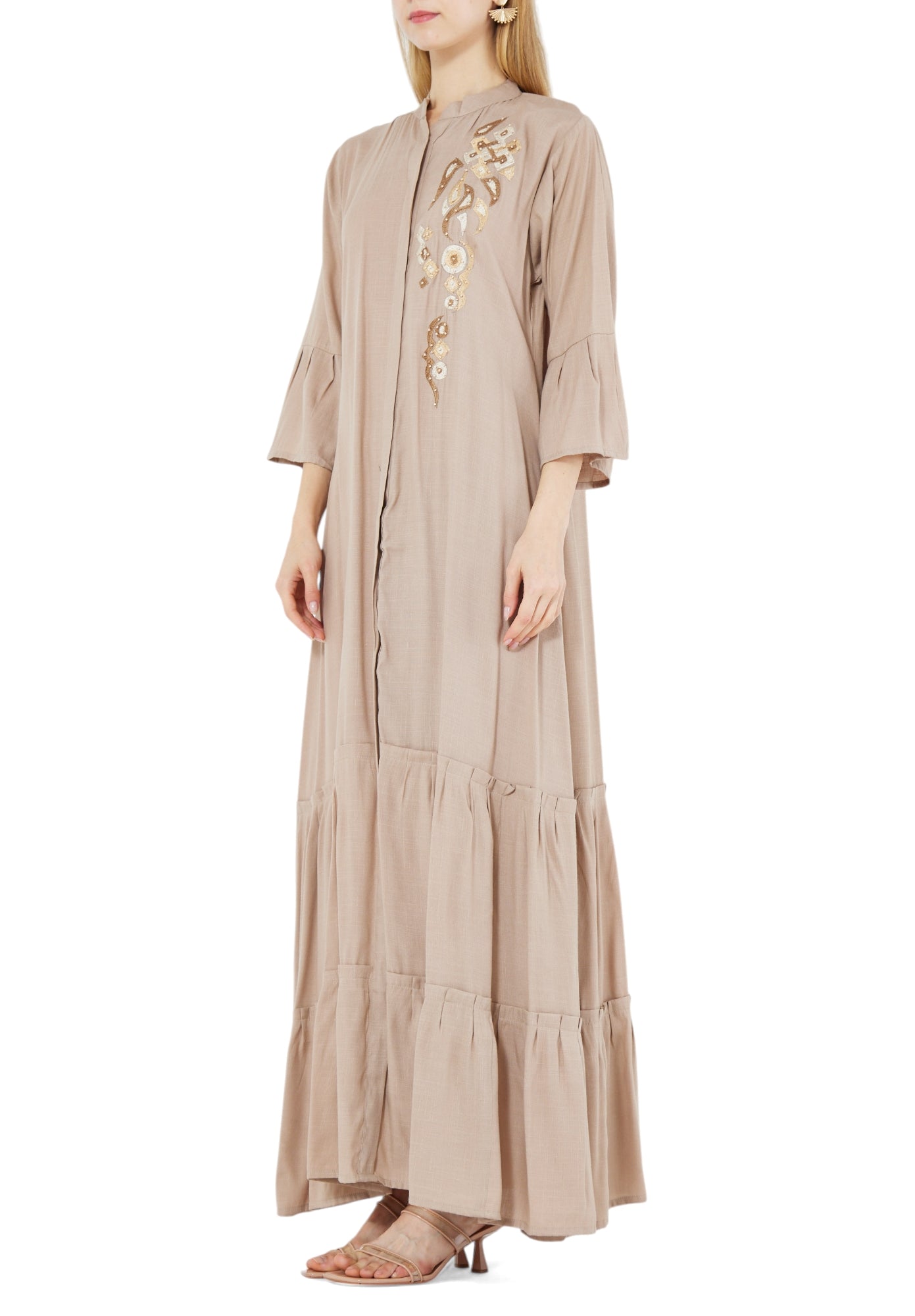Beautiful Linen Long Frilled Maxi Dress With Embroidered Details And Bell Sleeves