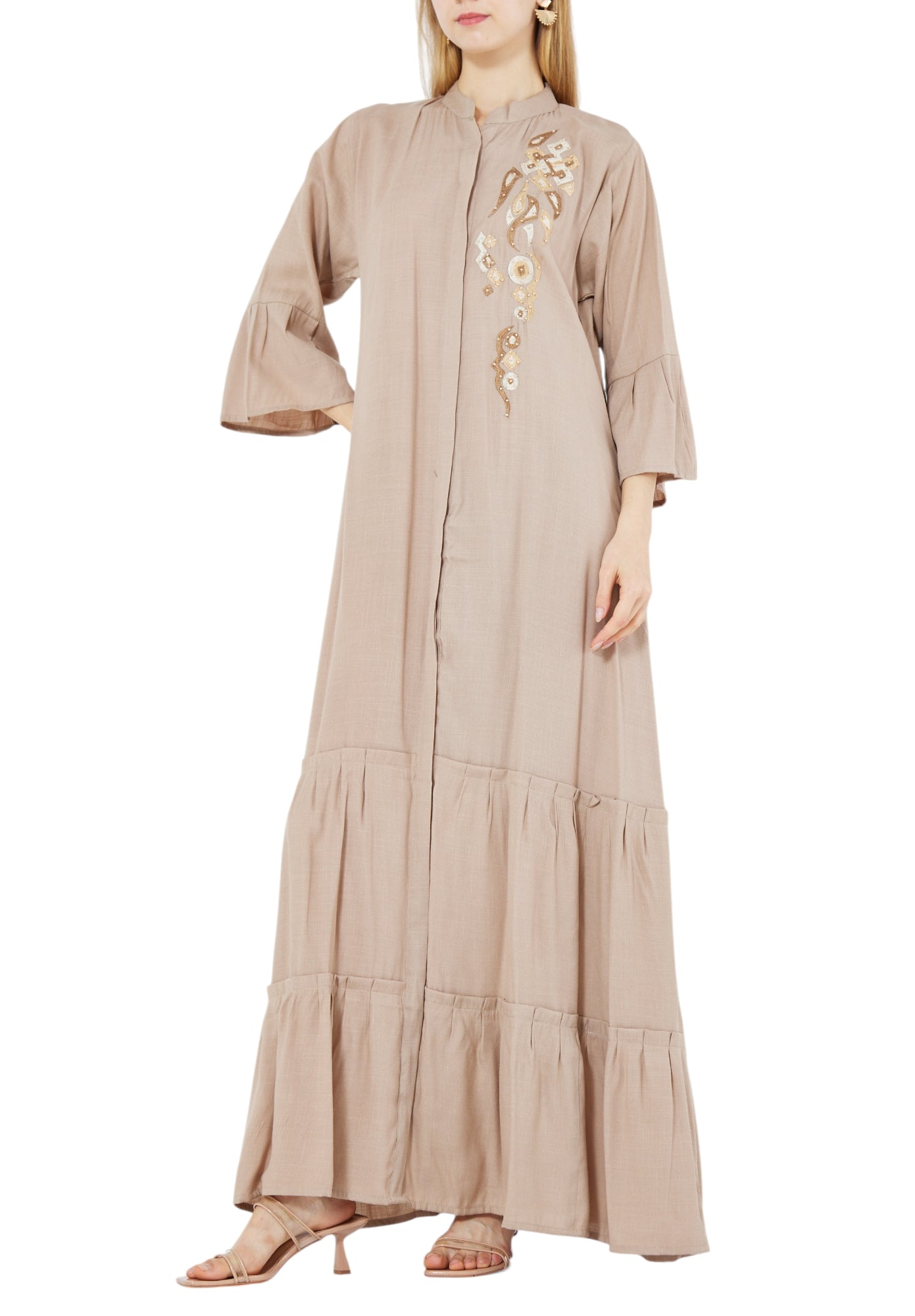 Beautiful Linen Long Frilled Maxi Dress With Embroidered Details And Bell Sleeves