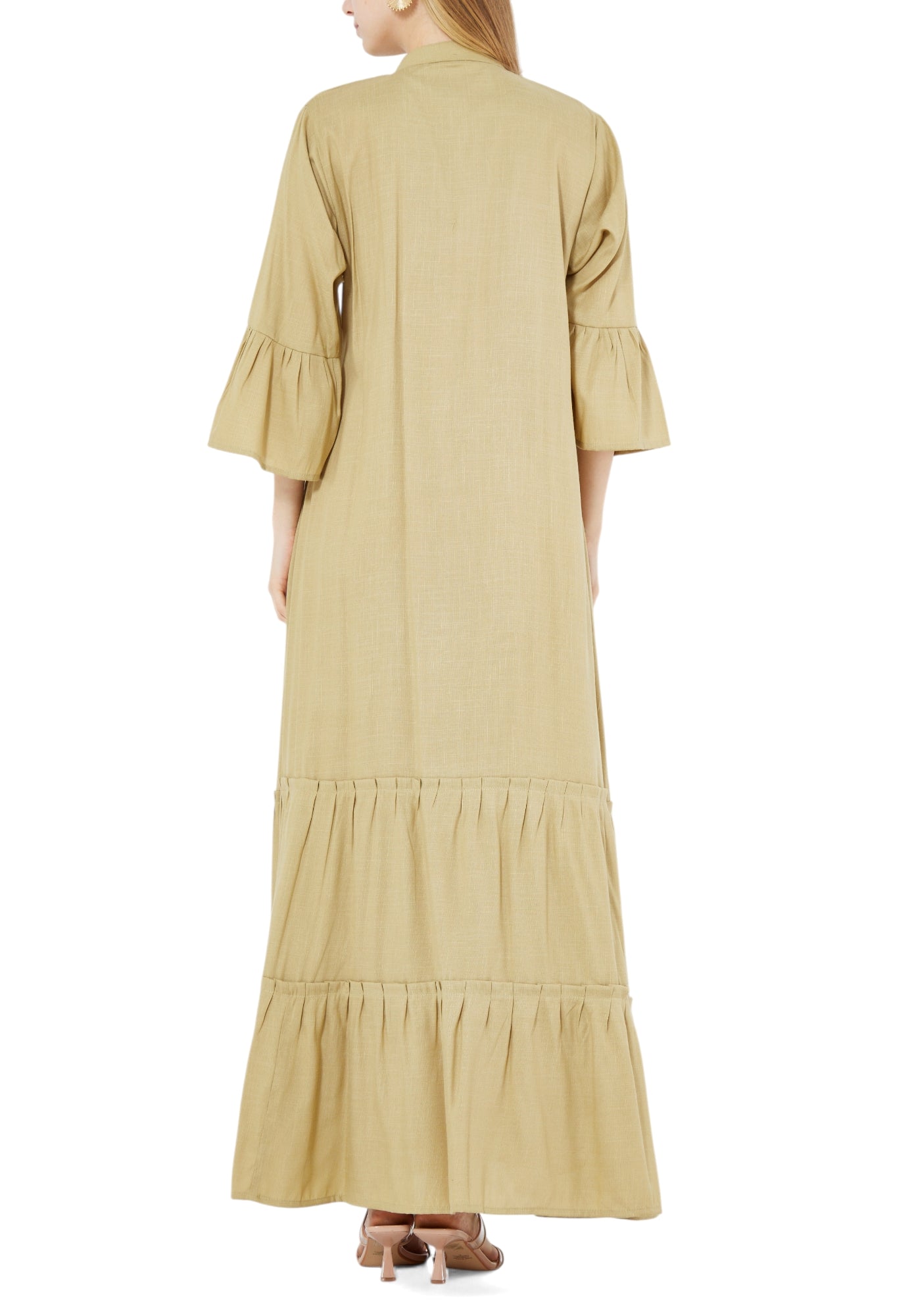 Beautiful Linen Long Frilled Maxi Dress With Embroidered Details And Bell Sleeves