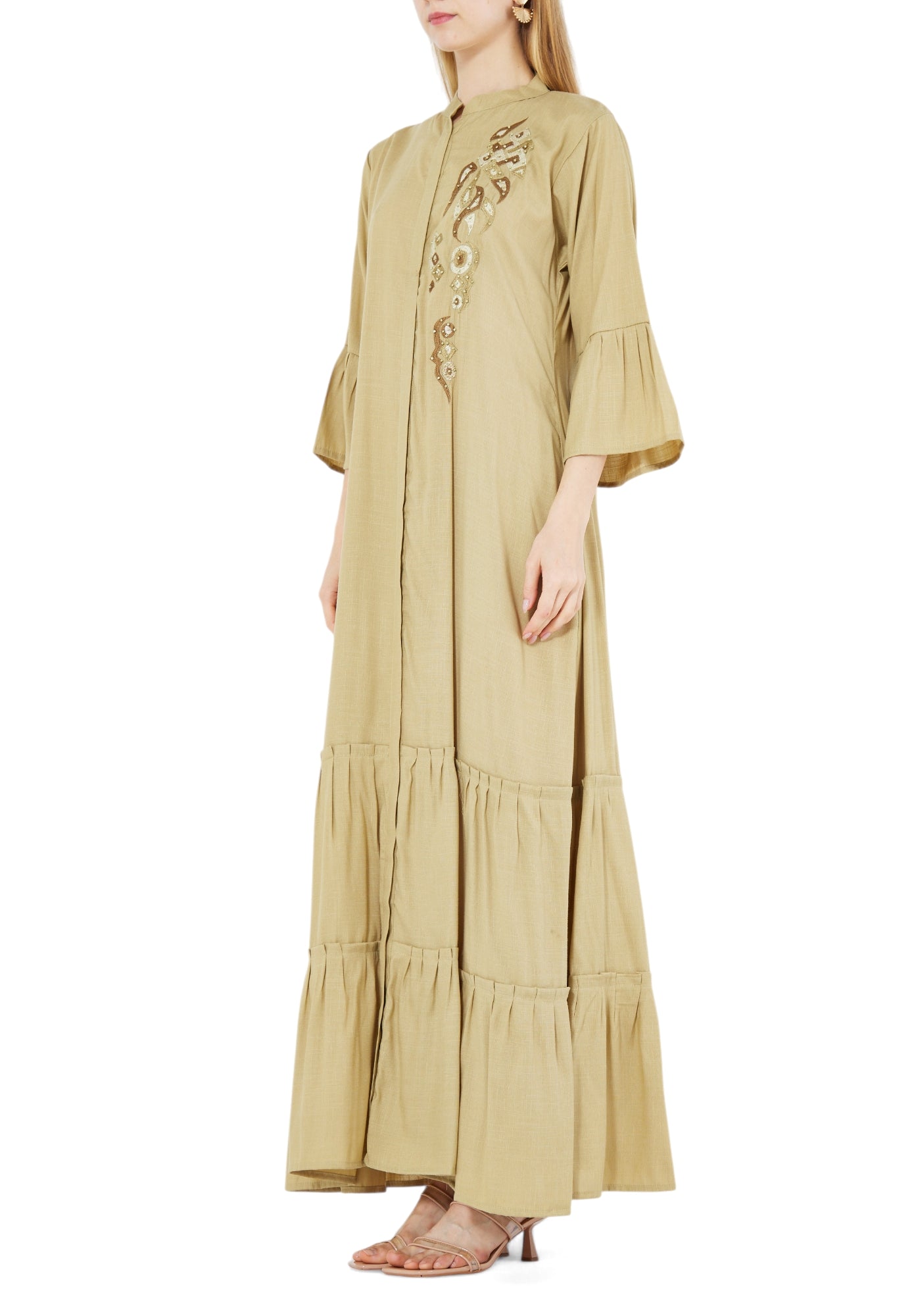 Beautiful Linen Long Frilled Maxi Dress With Embroidered Details And Bell Sleeves