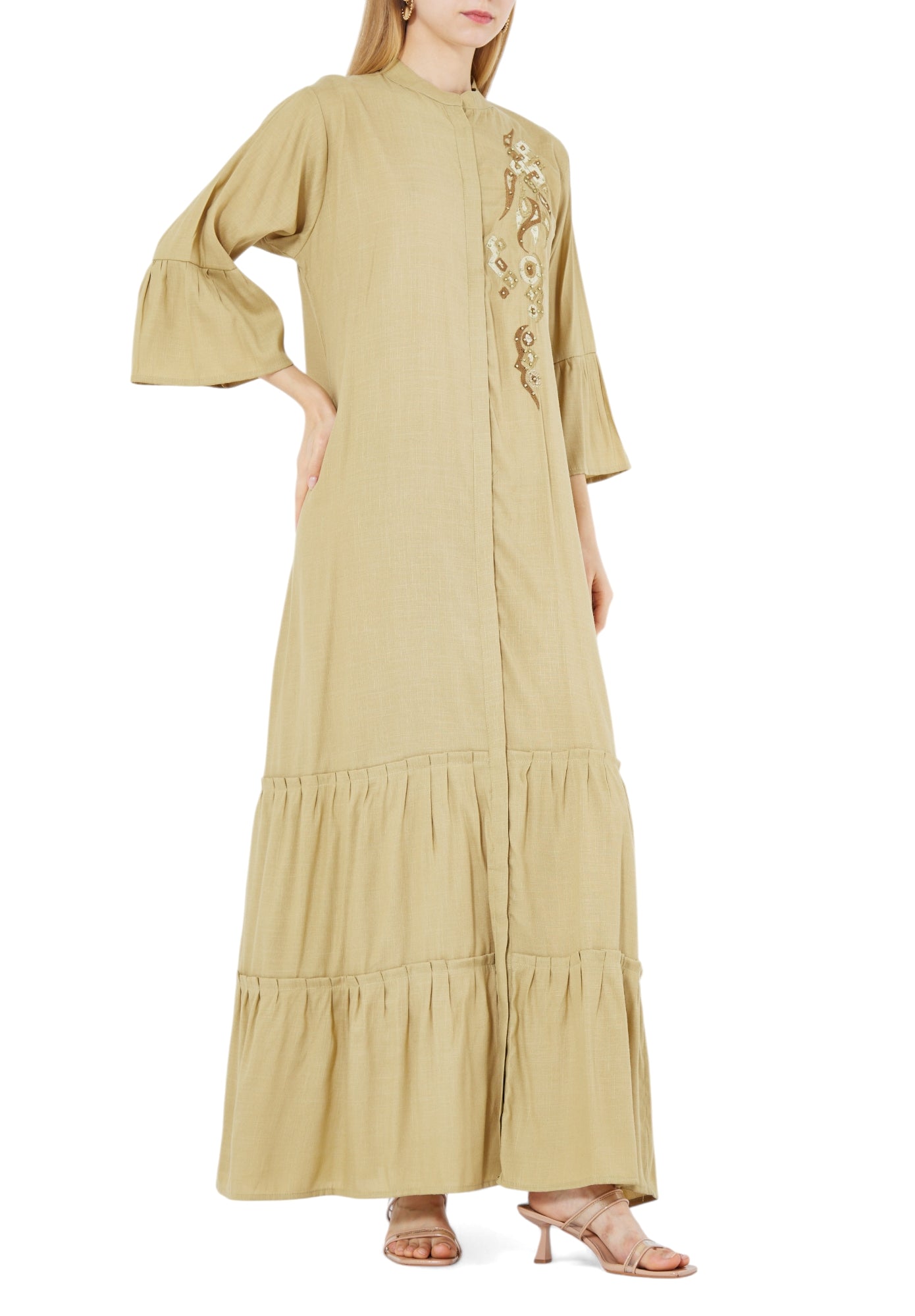 Beautiful Linen Long Frilled Maxi Dress With Embroidered Details And Bell Sleeves