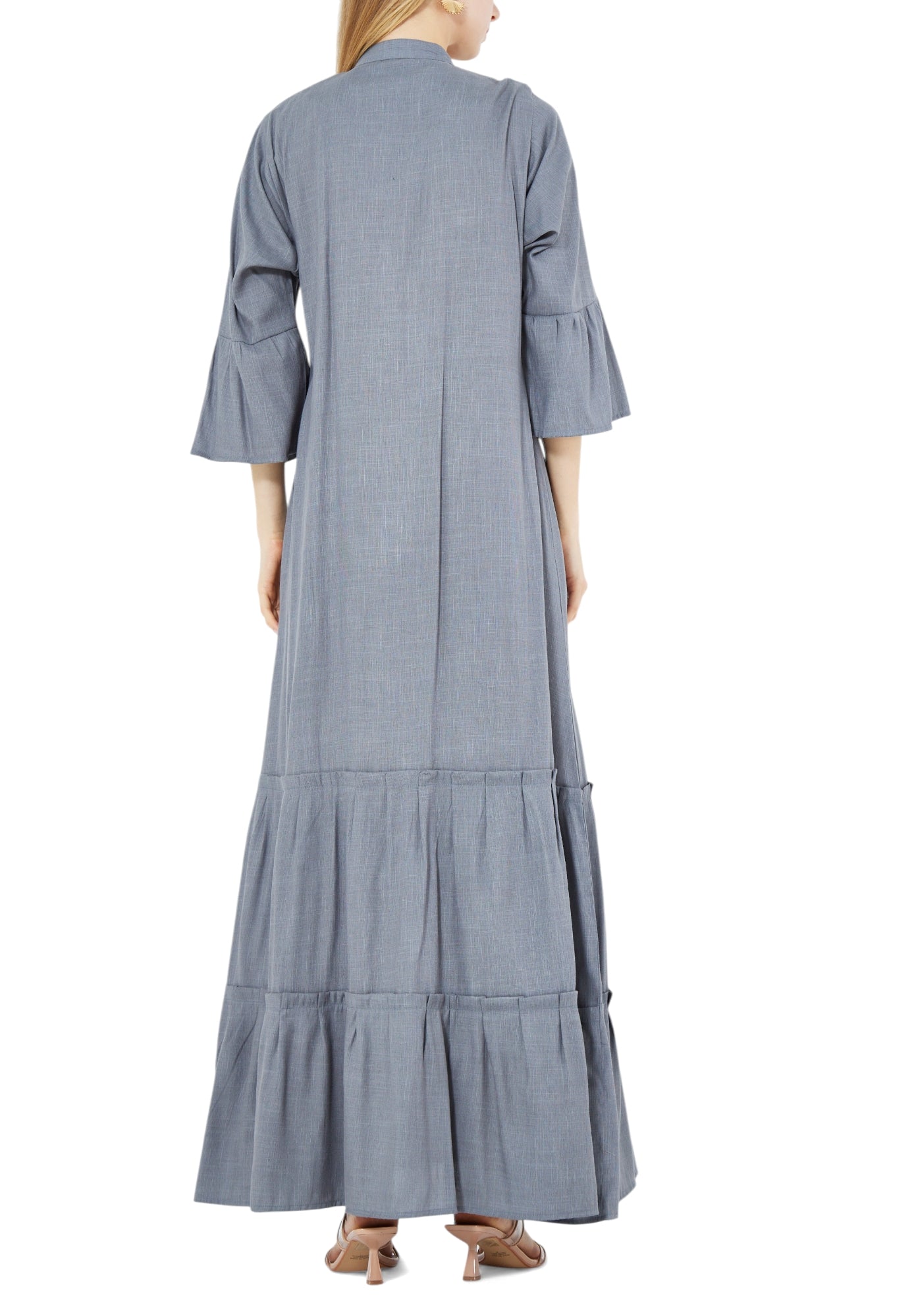 Beautiful Linen Long Frilled Maxi Dress With Embroidered Details And Bell Sleeves