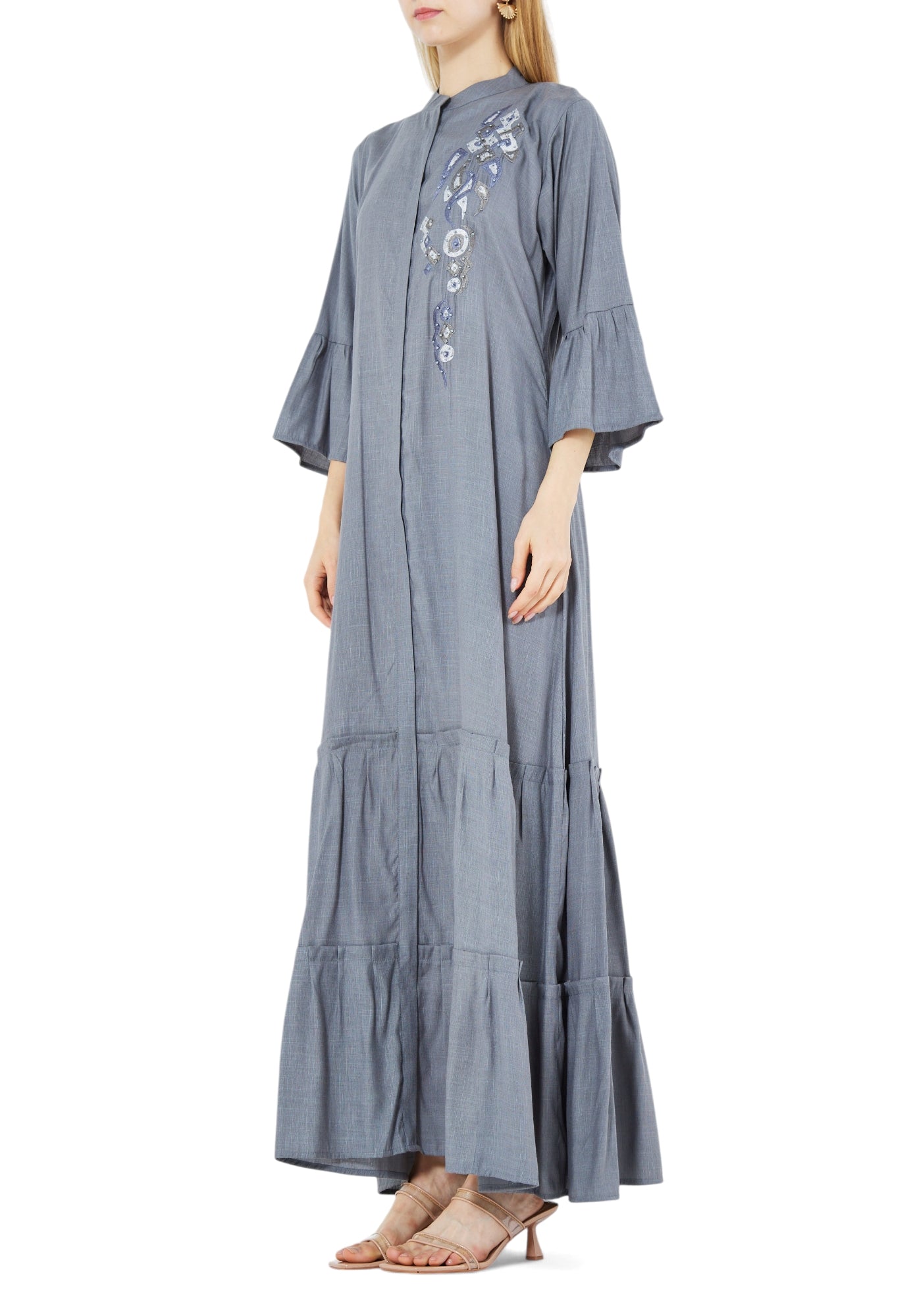 Beautiful Linen Long Frilled Maxi Dress With Embroidered Details And Bell Sleeves