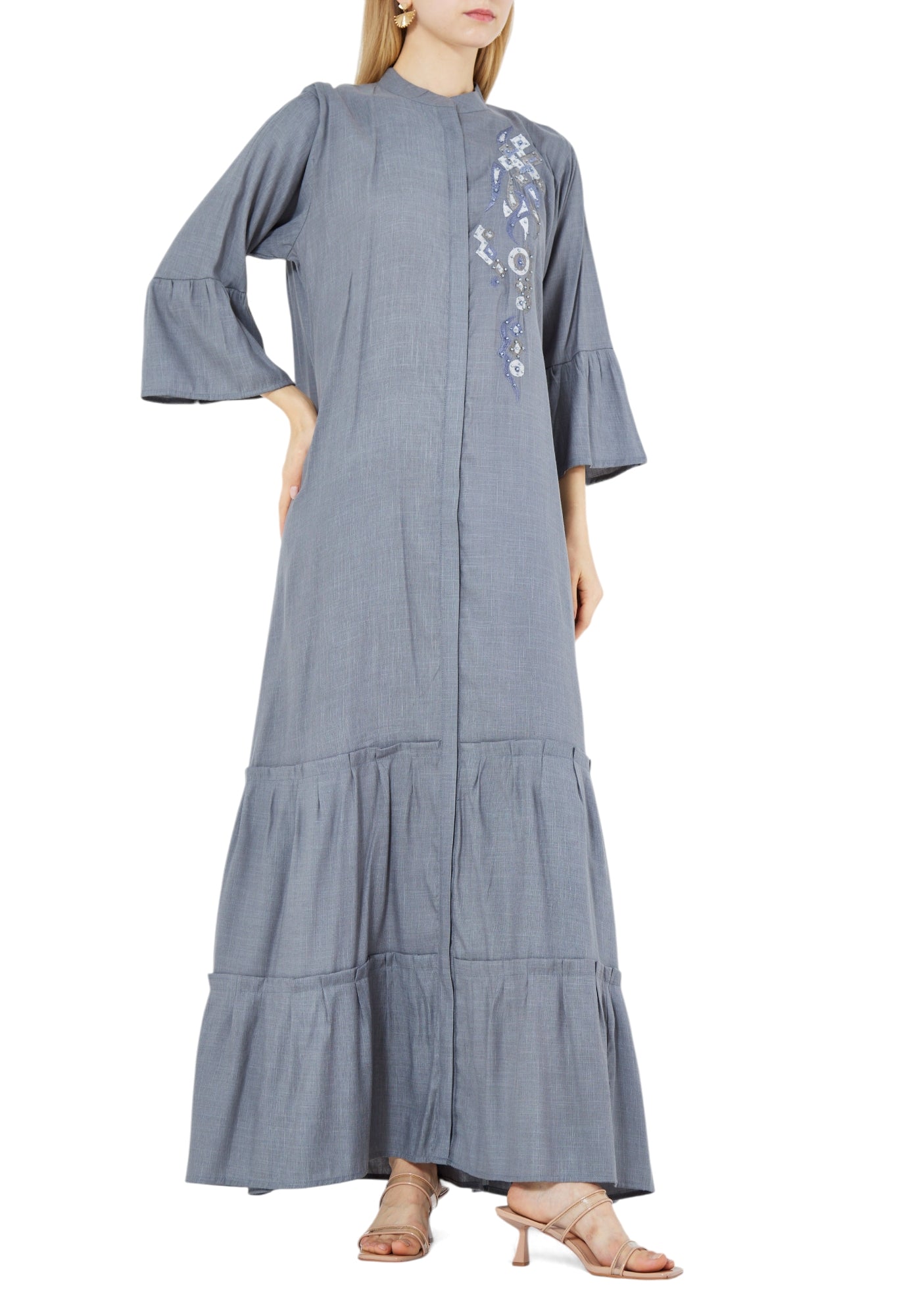 Beautiful Linen Long Frilled Maxi Dress With Embroidered Details And Bell Sleeves