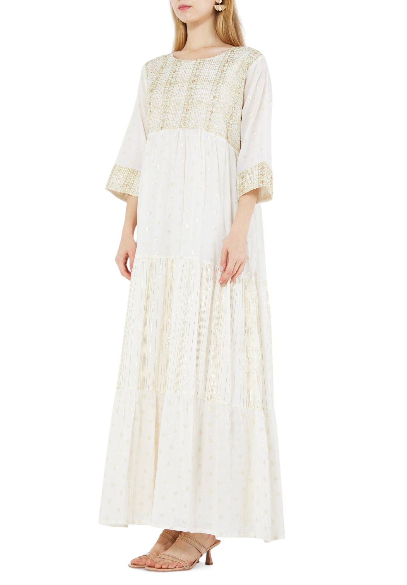 Beautiful Frilled Maxi Dress with Round Neckline And Three Quarter Sleeves