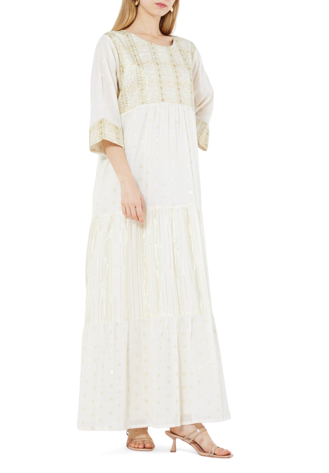 Beautiful Frilled Maxi Dress with Round Neckline And Three Quarter Sleeves