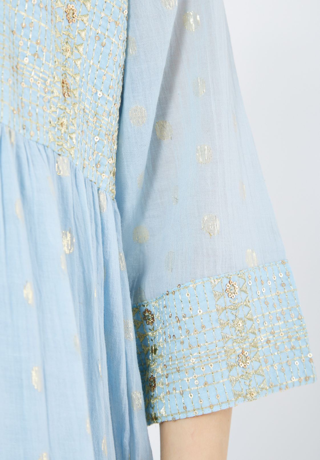 Beautiful Frilled Maxi Dress with Round Neckline And Three Quarter Sleeves