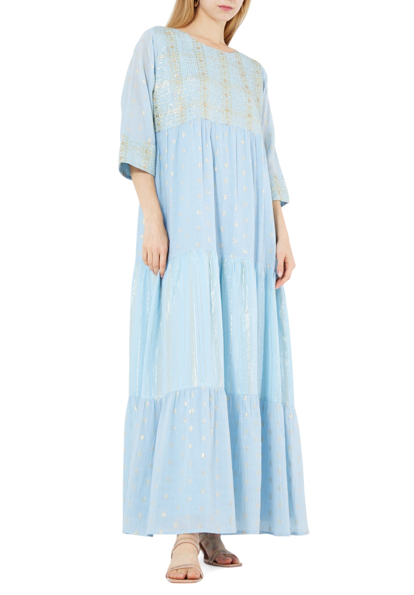 Beautiful Frilled Maxi Dress with Round Neckline And Three Quarter Sleeves