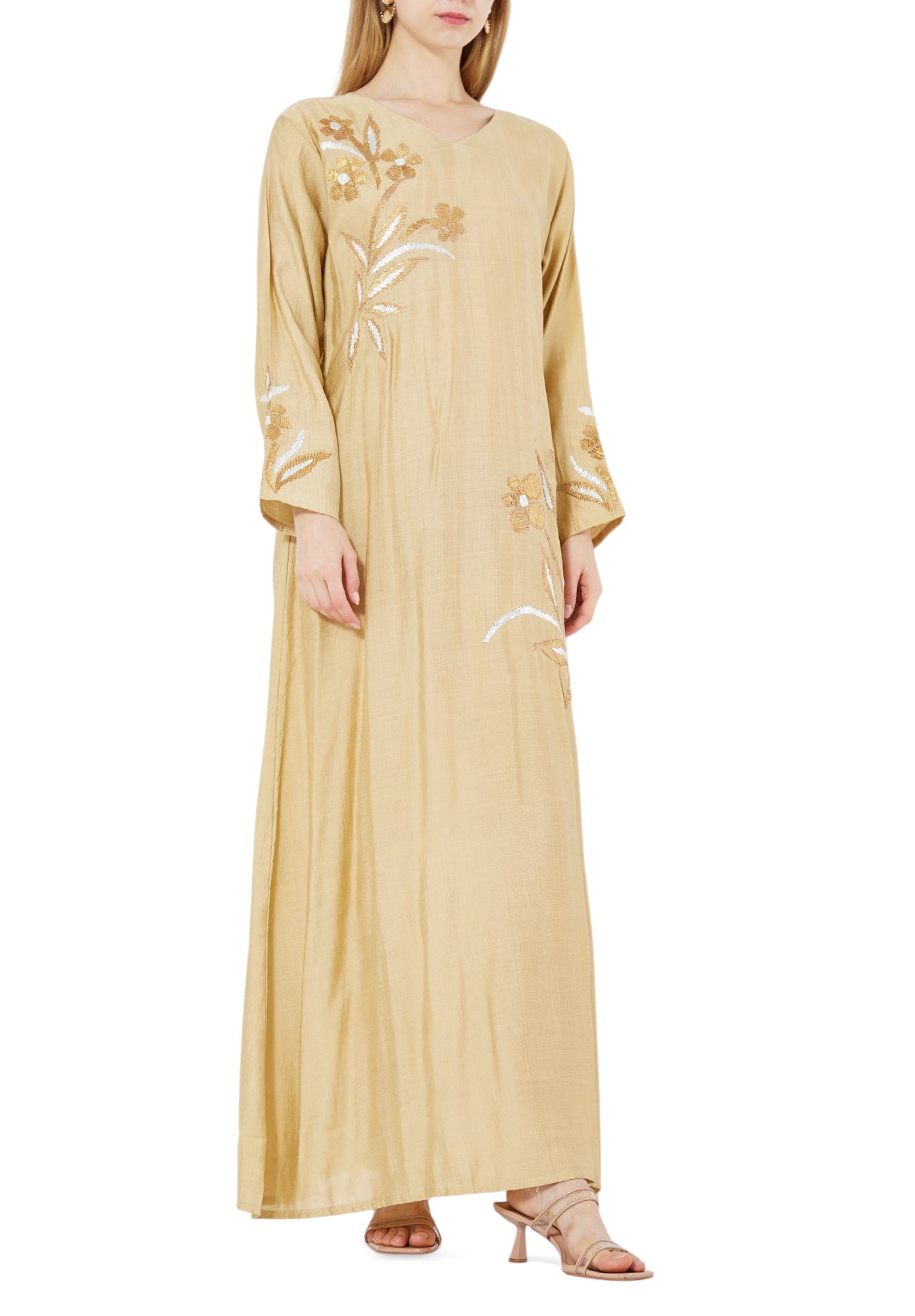 Beautiful Embroidered  Long Dress With V- Neckline And Long Sleeves