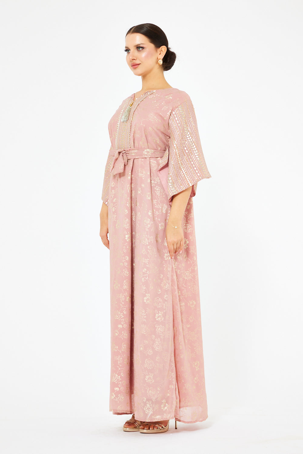 Floral Foil Wide-Sleeve Gown
