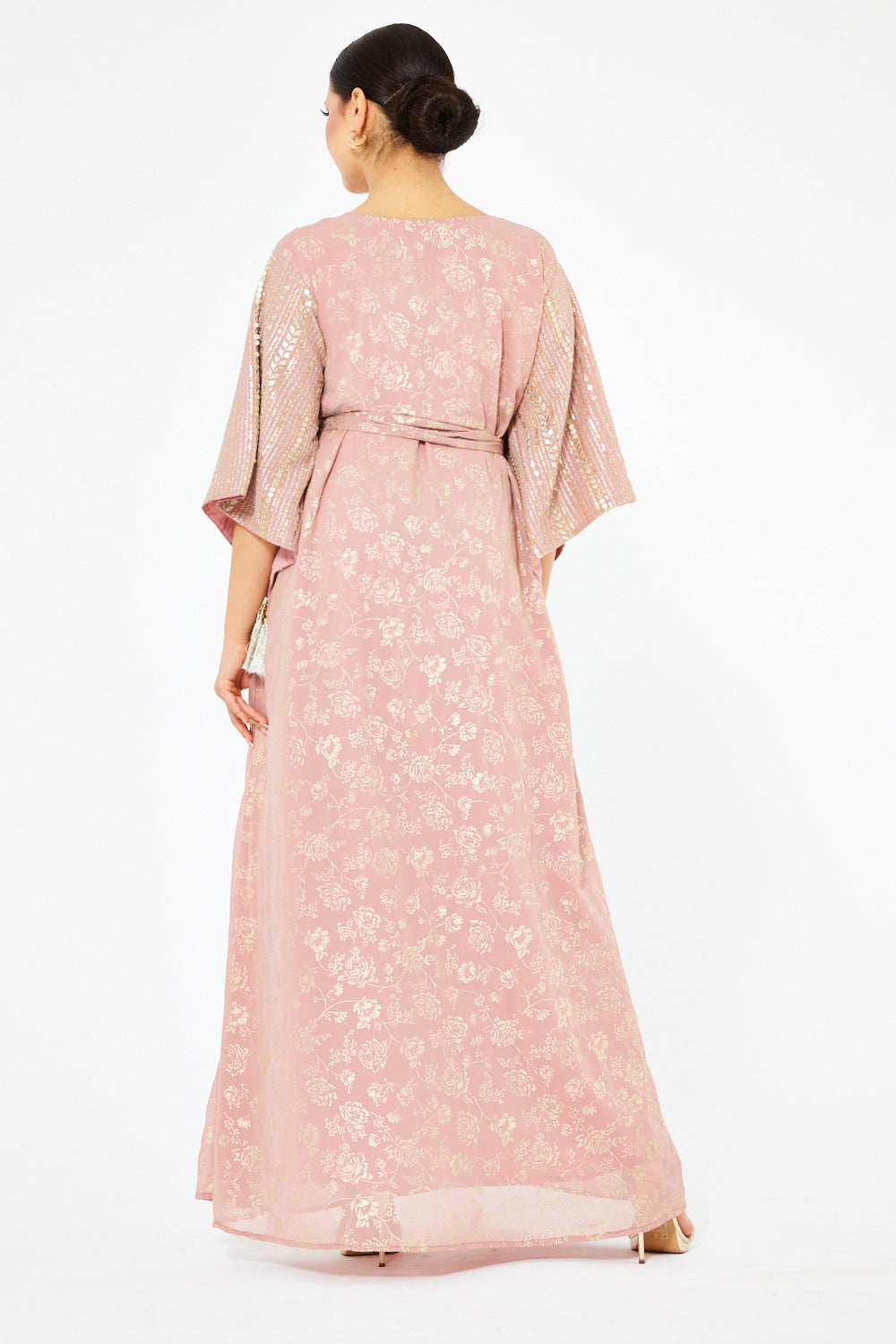 Floral Foil Wide-Sleeve Gown
