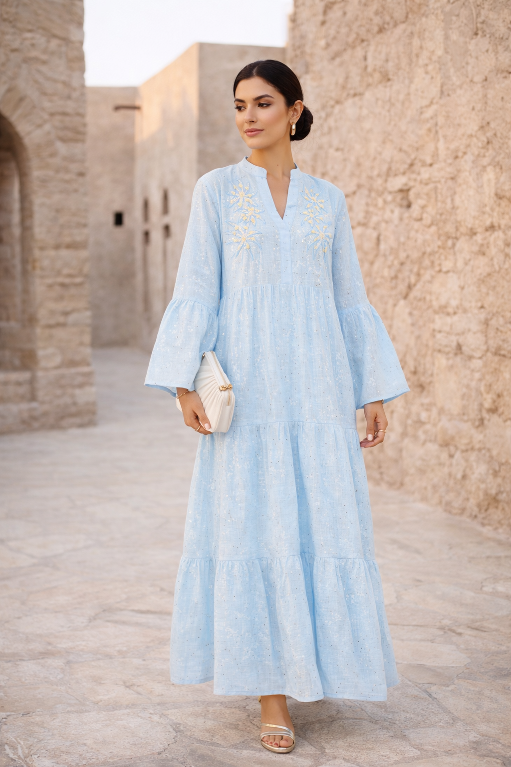 Embroidered Tiered Bell Sleeve Jalabiya