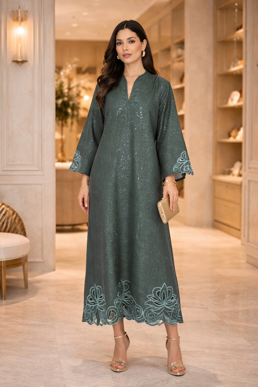 Scalloped Embroidered Hem Jalabiya