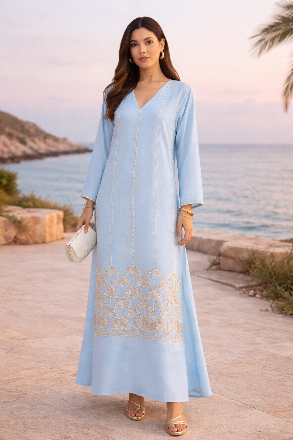 Border Embroidered V-Neck Jalabiya