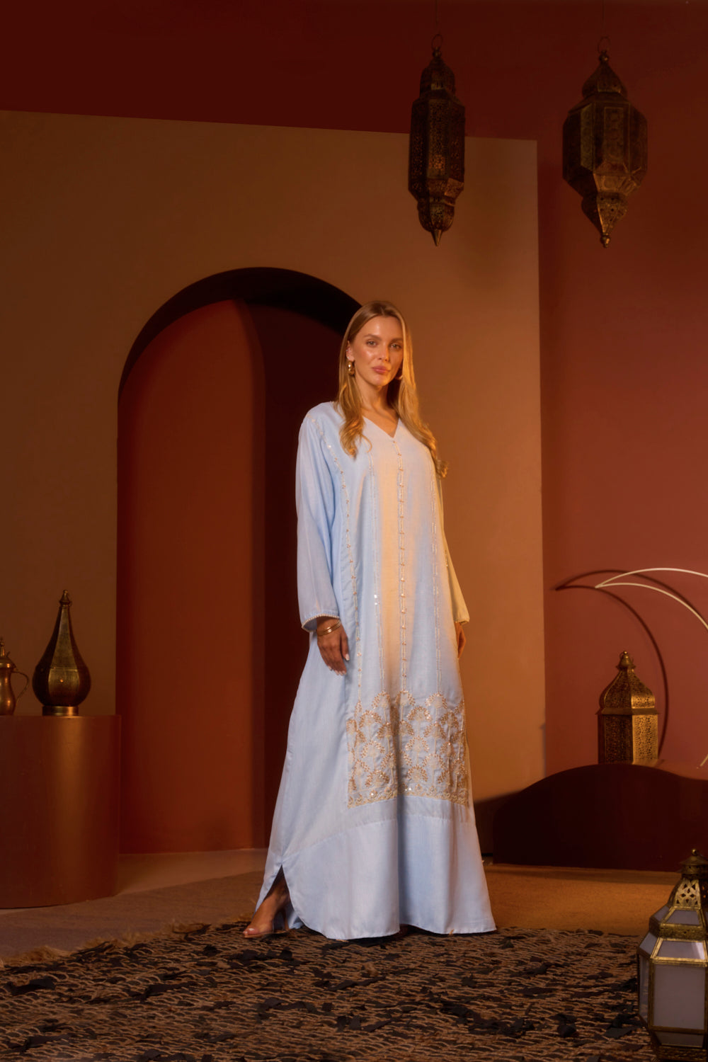 Border Embroidered V-Neck Jalabiya