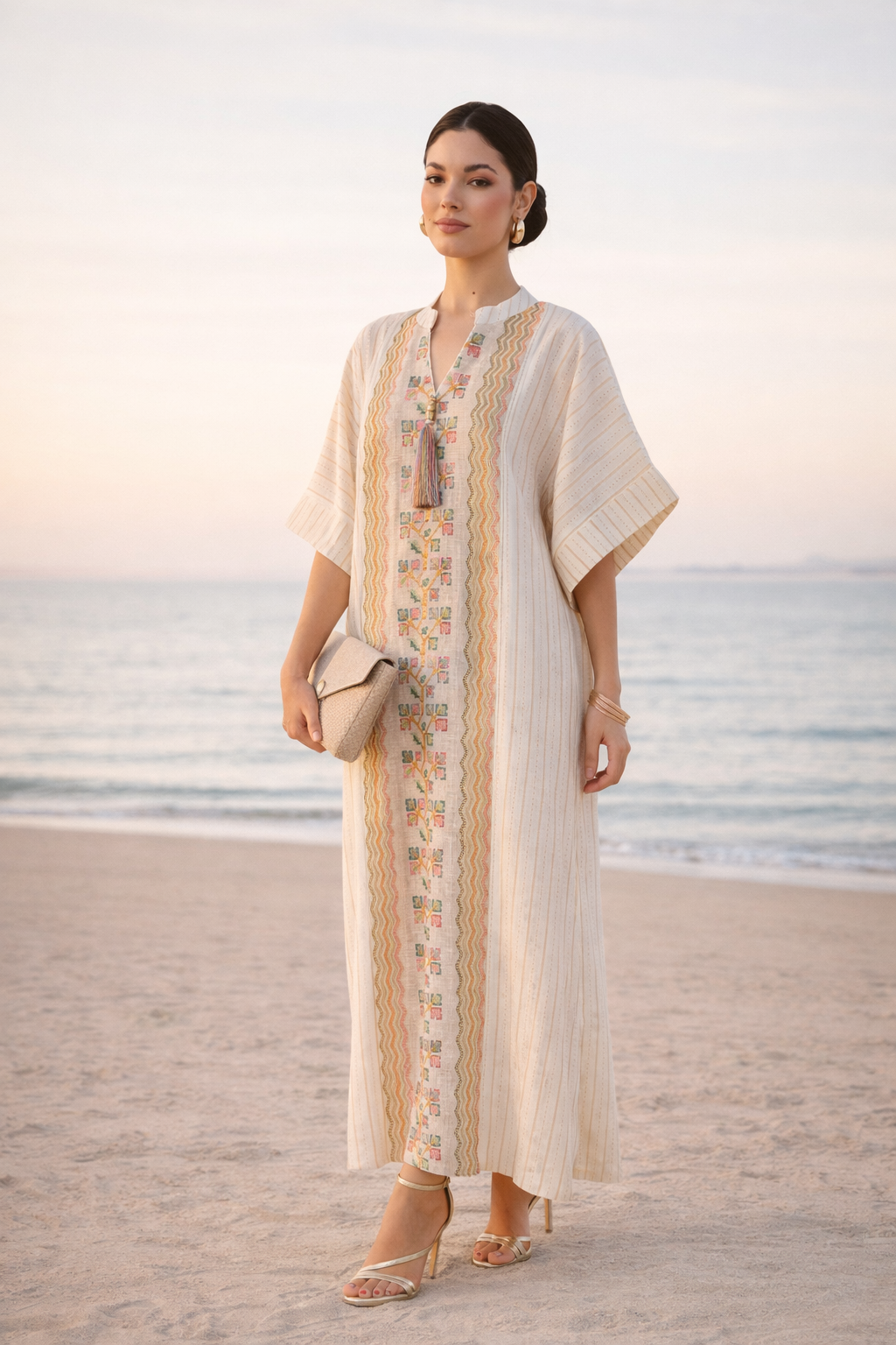 Embroidered Panel Kaftan with Tassel Detail