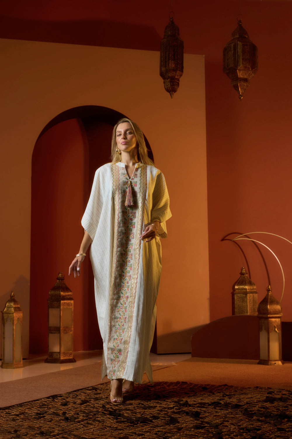 Embroidered Panel Kaftan with Tassel Detail