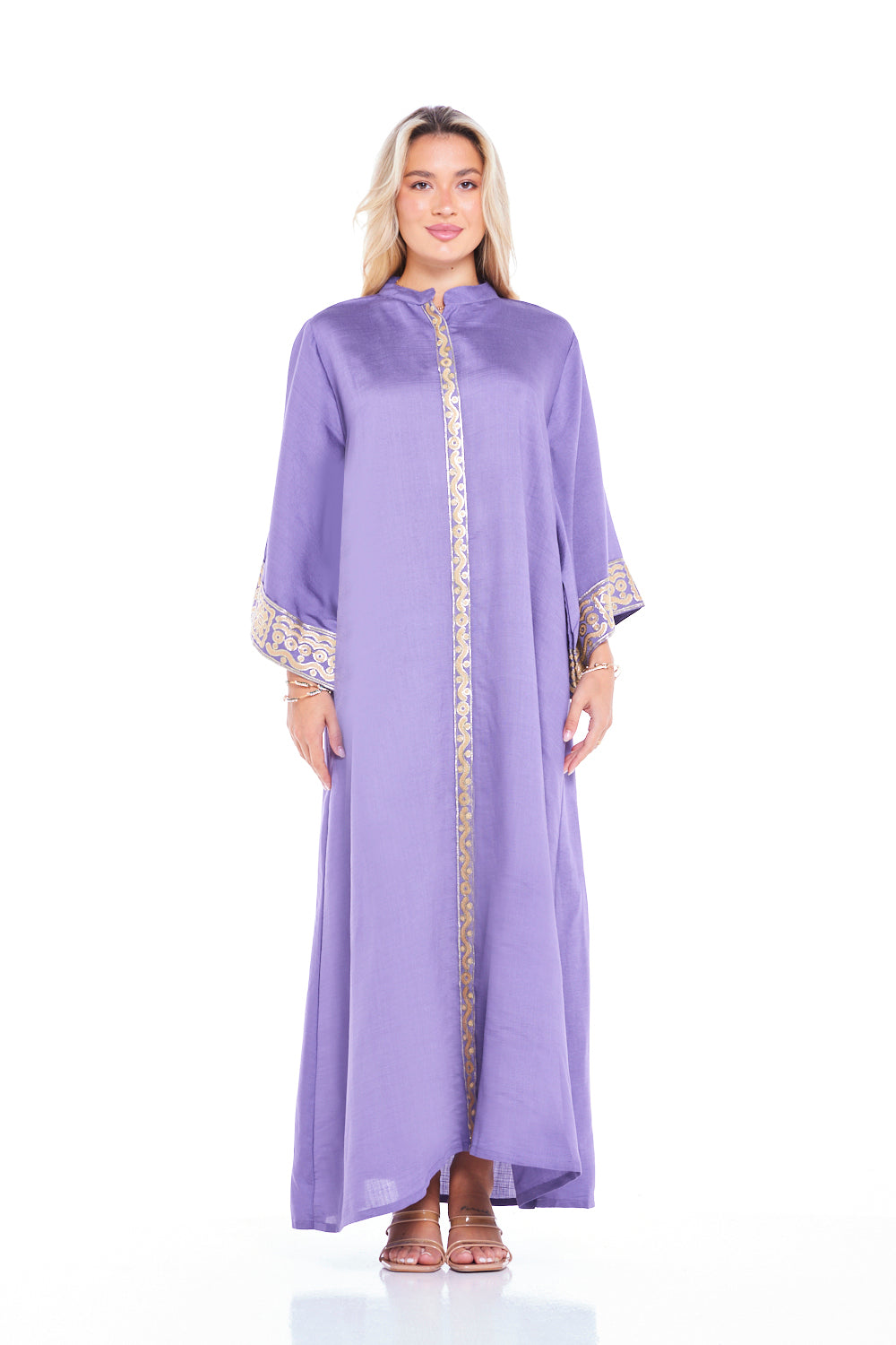 Geometric Back Embroidered Trim Straight Kaftan