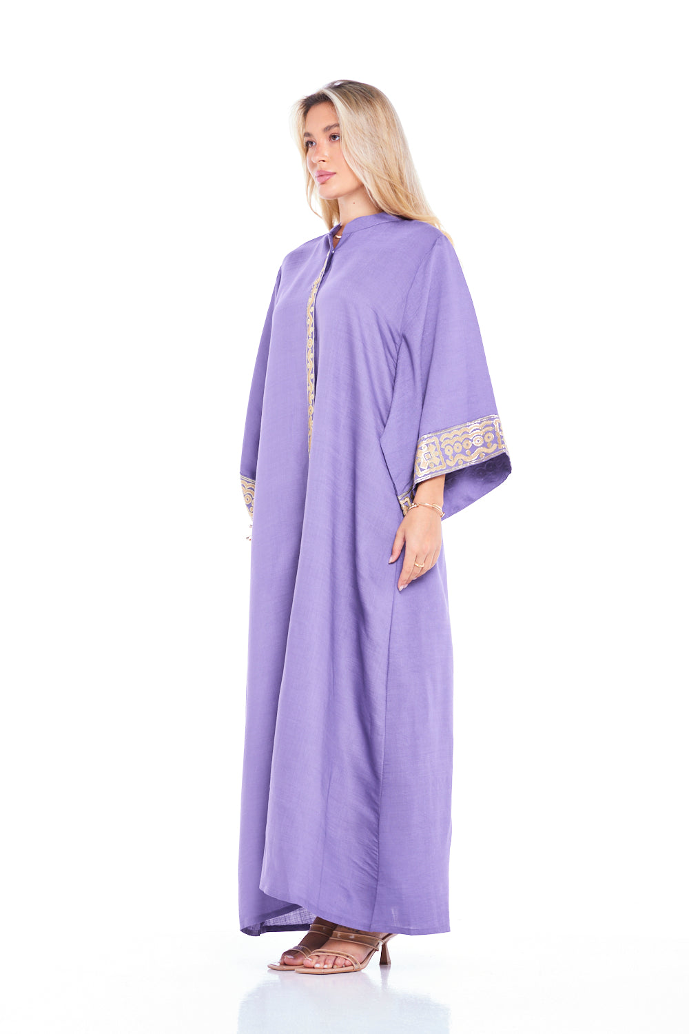 Geometric Back Embroidered Trim Straight Kaftan
