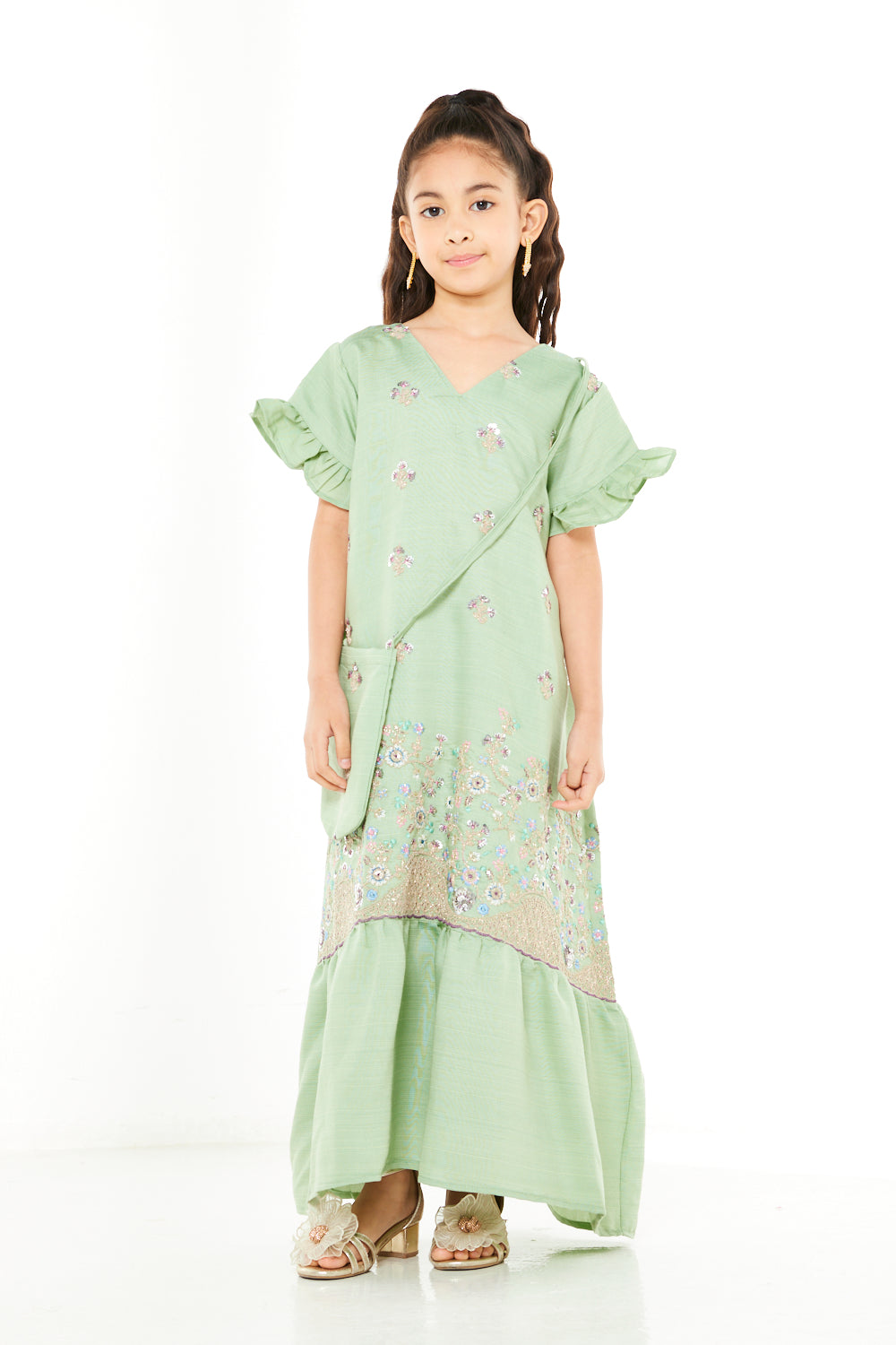 Floral Embellished Ruffle Sleeve Jalabiya with Crossbody Bag