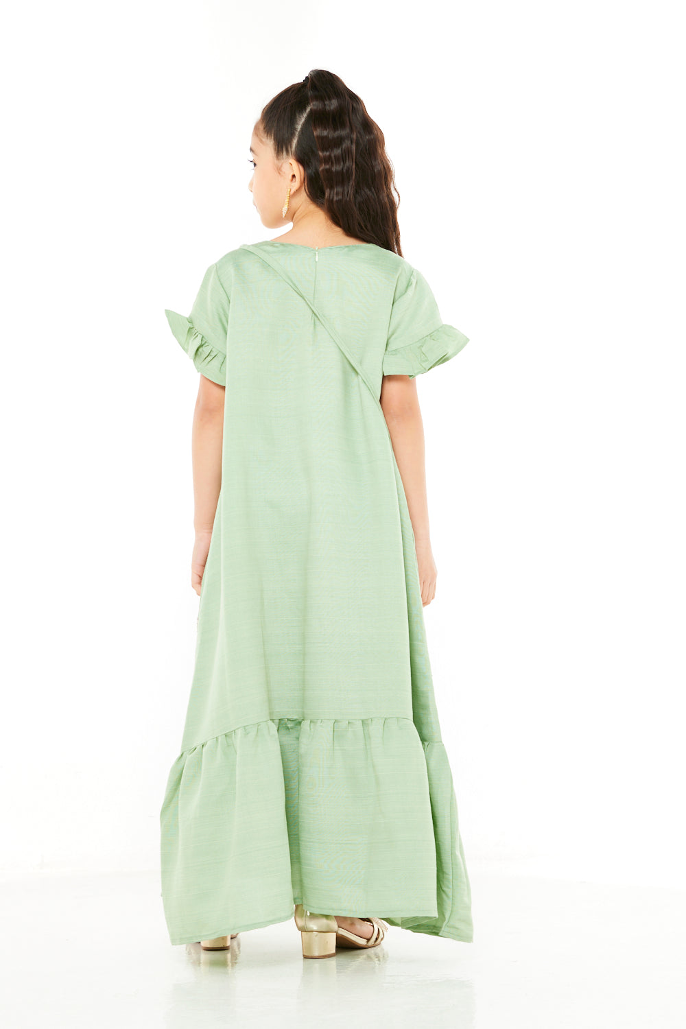 Floral Embellished Ruffle Sleeve Jalabiya with Crossbody Bag