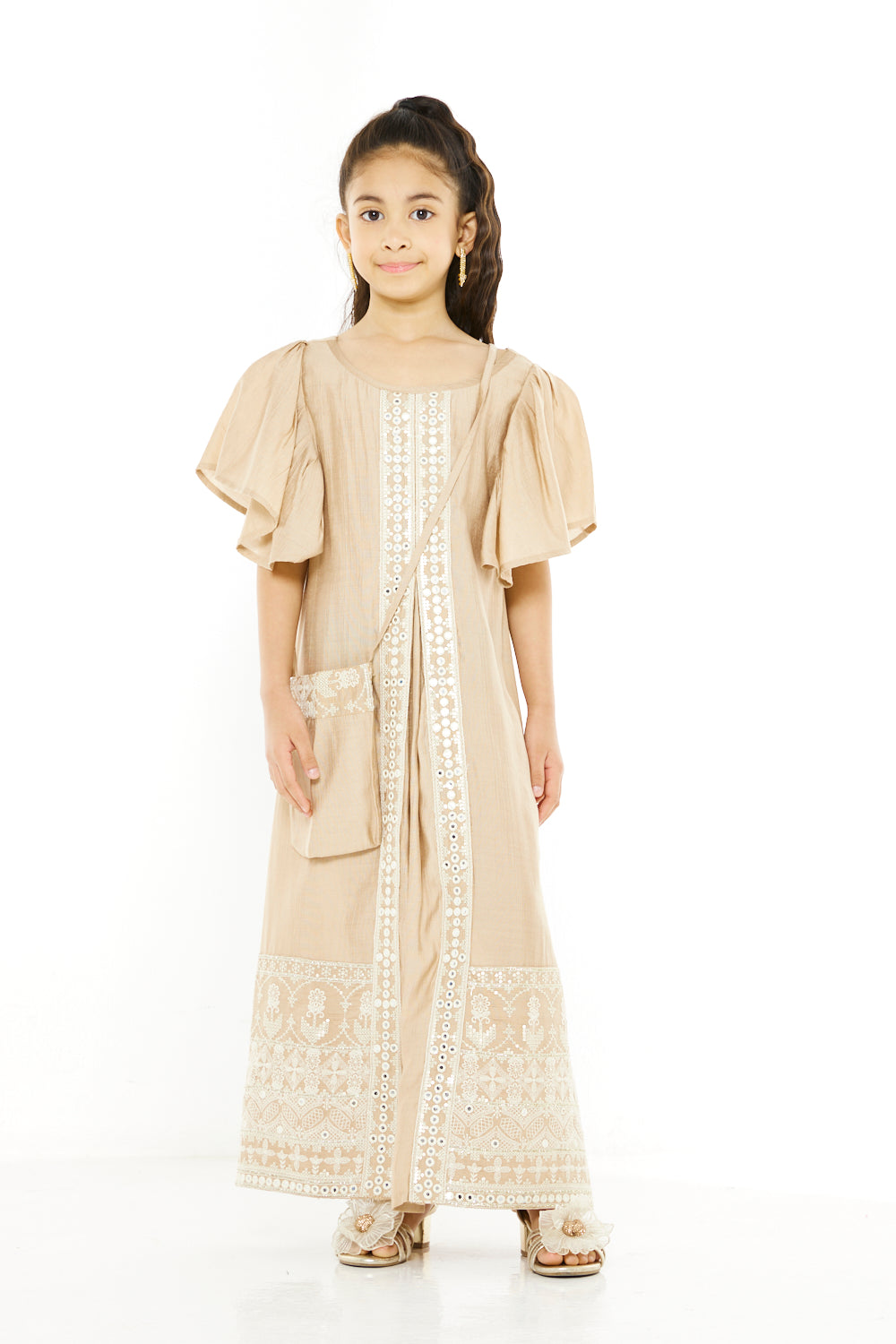 Lace Panel Flutter Sleeve Jalabiya with Crossbody Bag