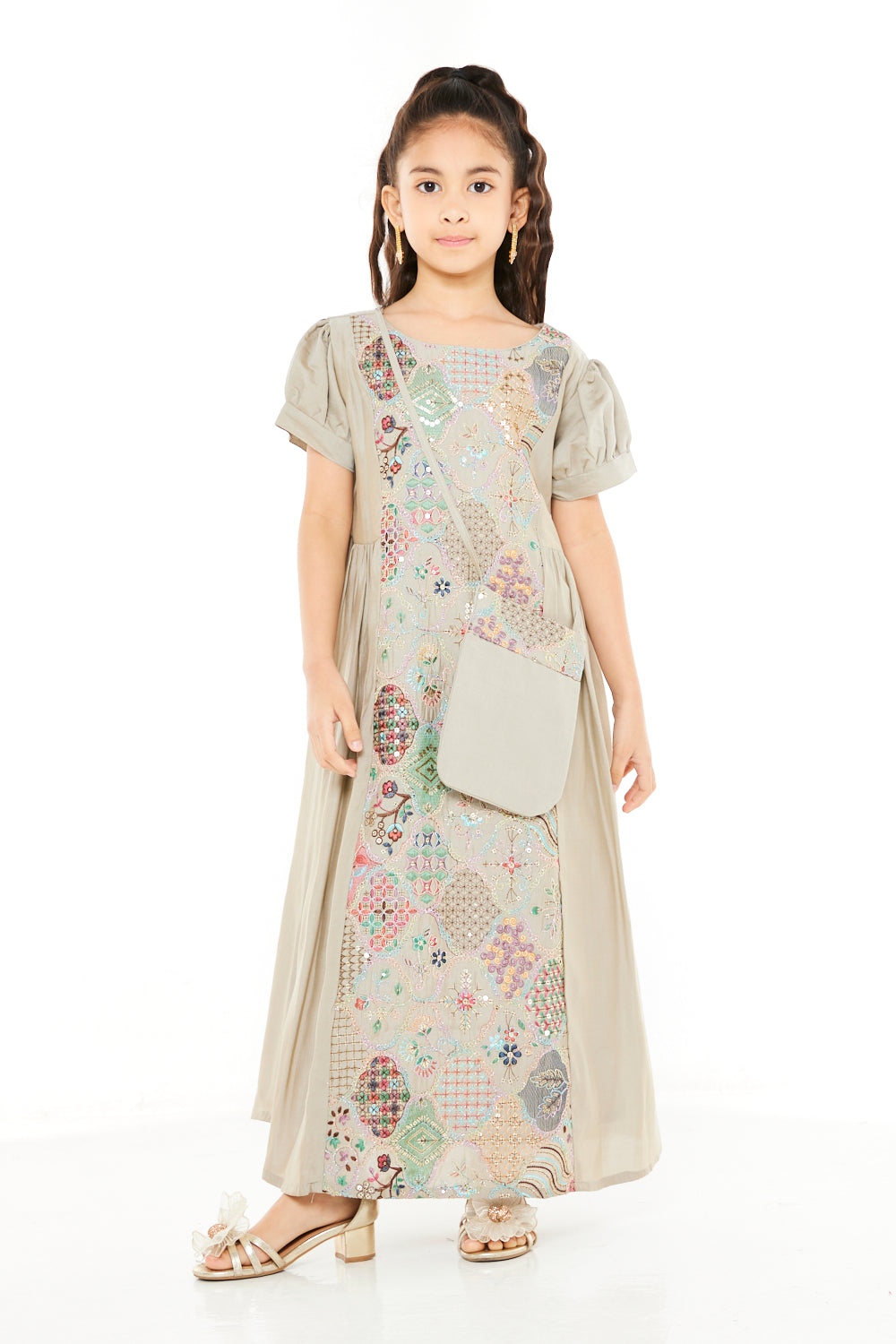 Embroidered Patchwork Panel Jalabiya with Crossbody Bag