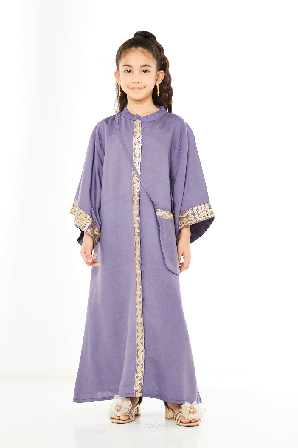 Geometric Back Embroidered Trim Straight Jalabiya with Crossbody Bag