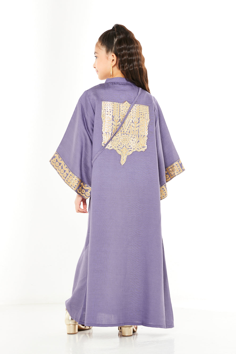 Geometric Back Embroidered Trim Straight Jalabiya with Crossbody Bag