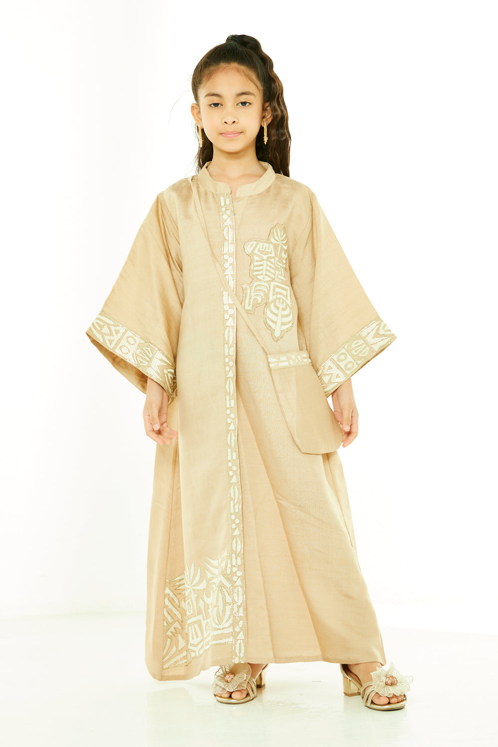 Geometric Border Panel Jalabiya with Crossbody Bag