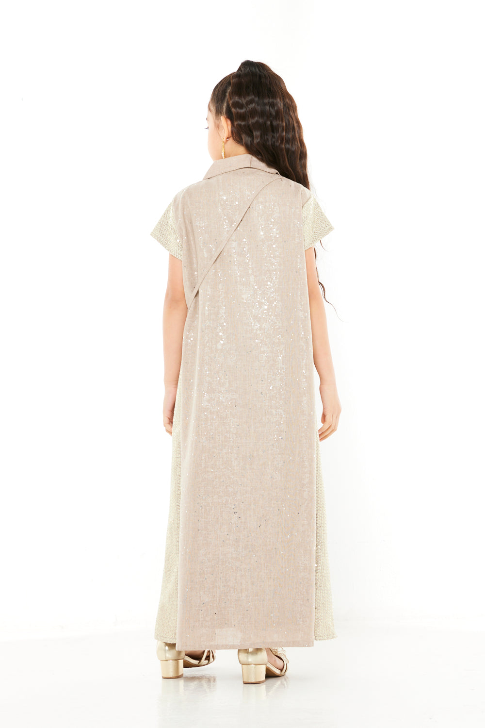 Shimmer Texture Collared Jalabiya with Crossbody Bag