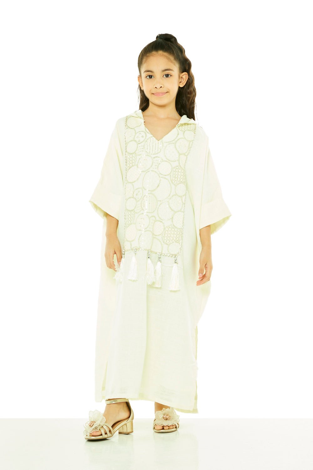 Tassel-Trim Embroidered Hooded Kaftan
