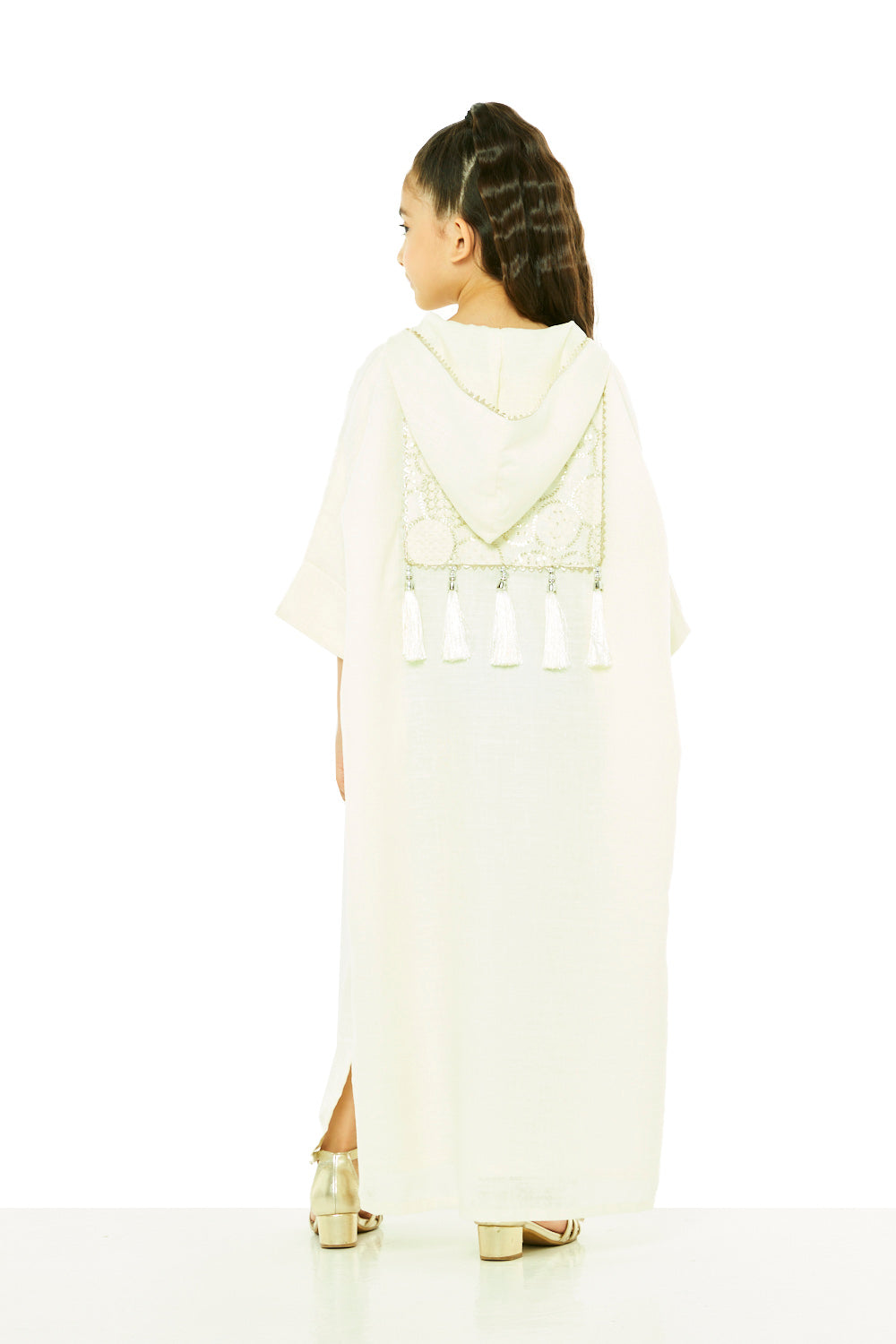 Tassel-Trim Embroidered Hooded Kaftan
