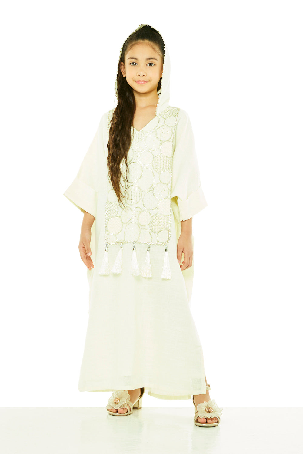 Tassel-Trim Embroidered Hooded Kaftan