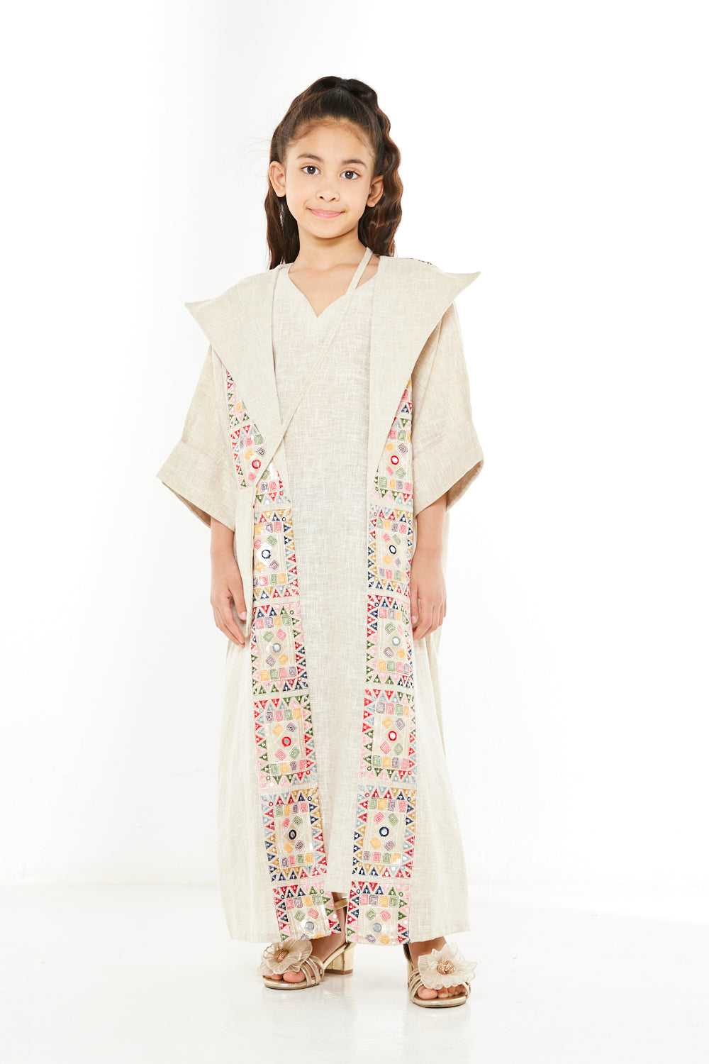 Tribal Motif Embroidered Front-Panel Kaftan