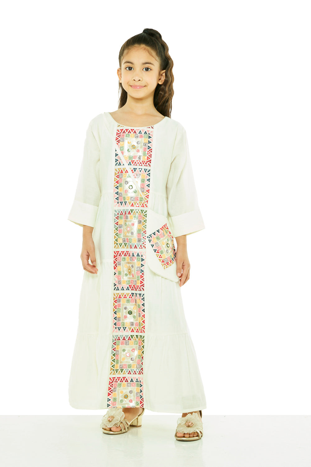 Embroidered Mosaic Panel Tiered Jalabiya with Crossbody Bag