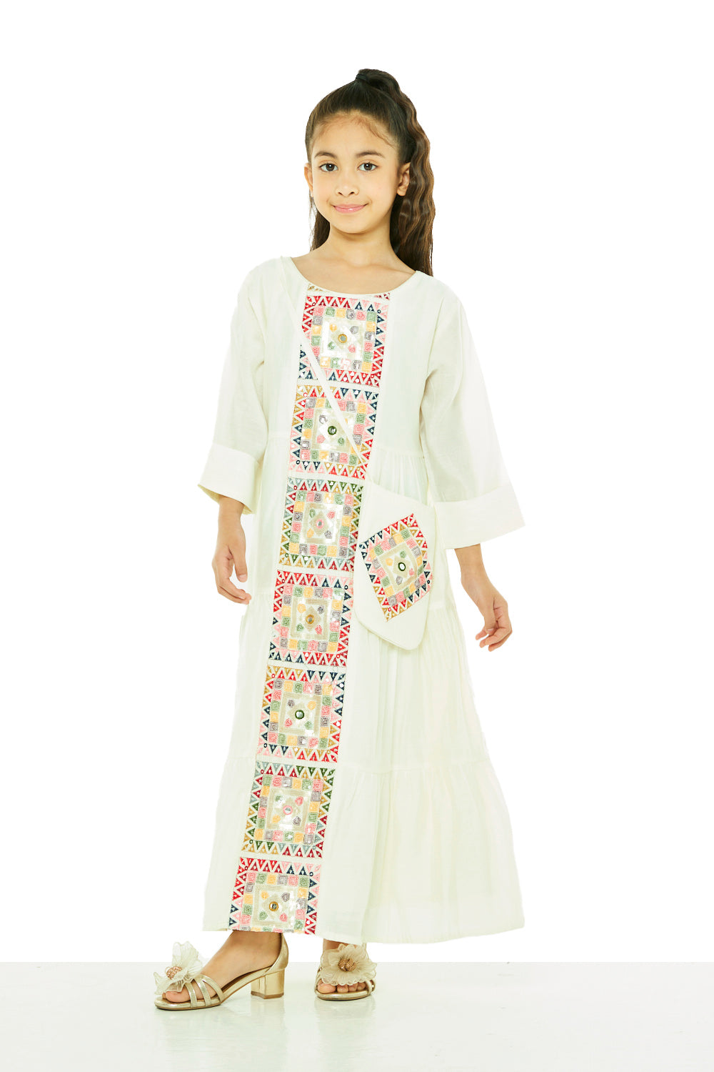 Embroidered Mosaic Panel Tiered Jalabiya with Crossbody Bag