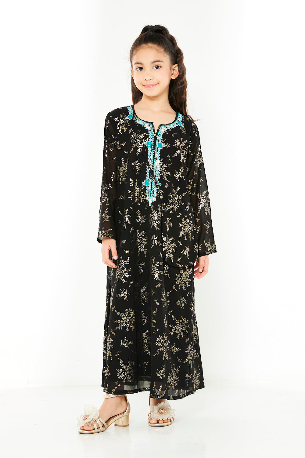 Metallic Motif Jalabiya with Embellished Neckline