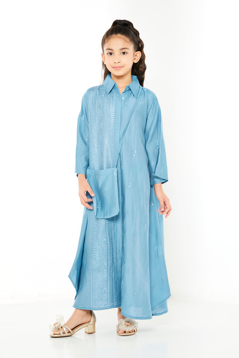 All-over Embroidered Panel Shirt Style Jalabiya with Crossbody Bag