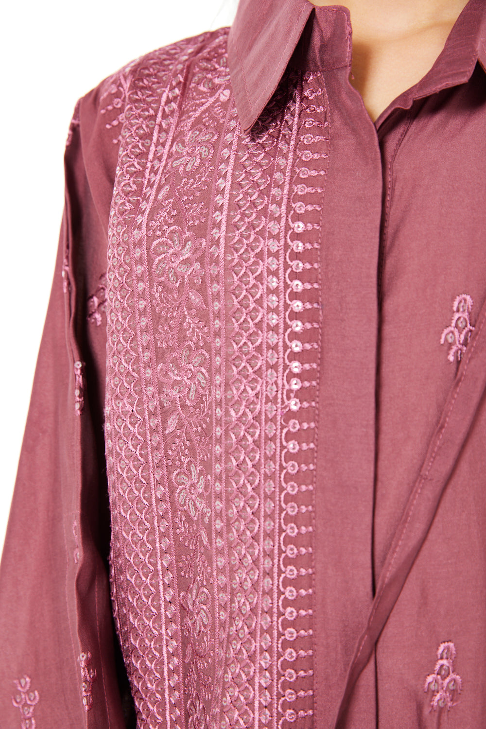 All-over Embroidered Panel Shirt Style Jalabiya with Crossbody Bag