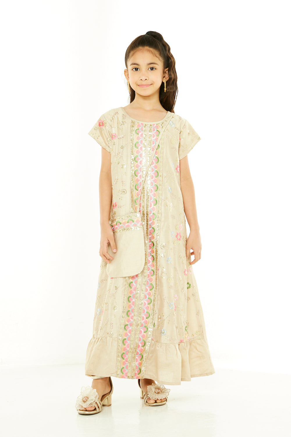 Scalloped Embroidered Panel Jalabiya with Crossbody Bag