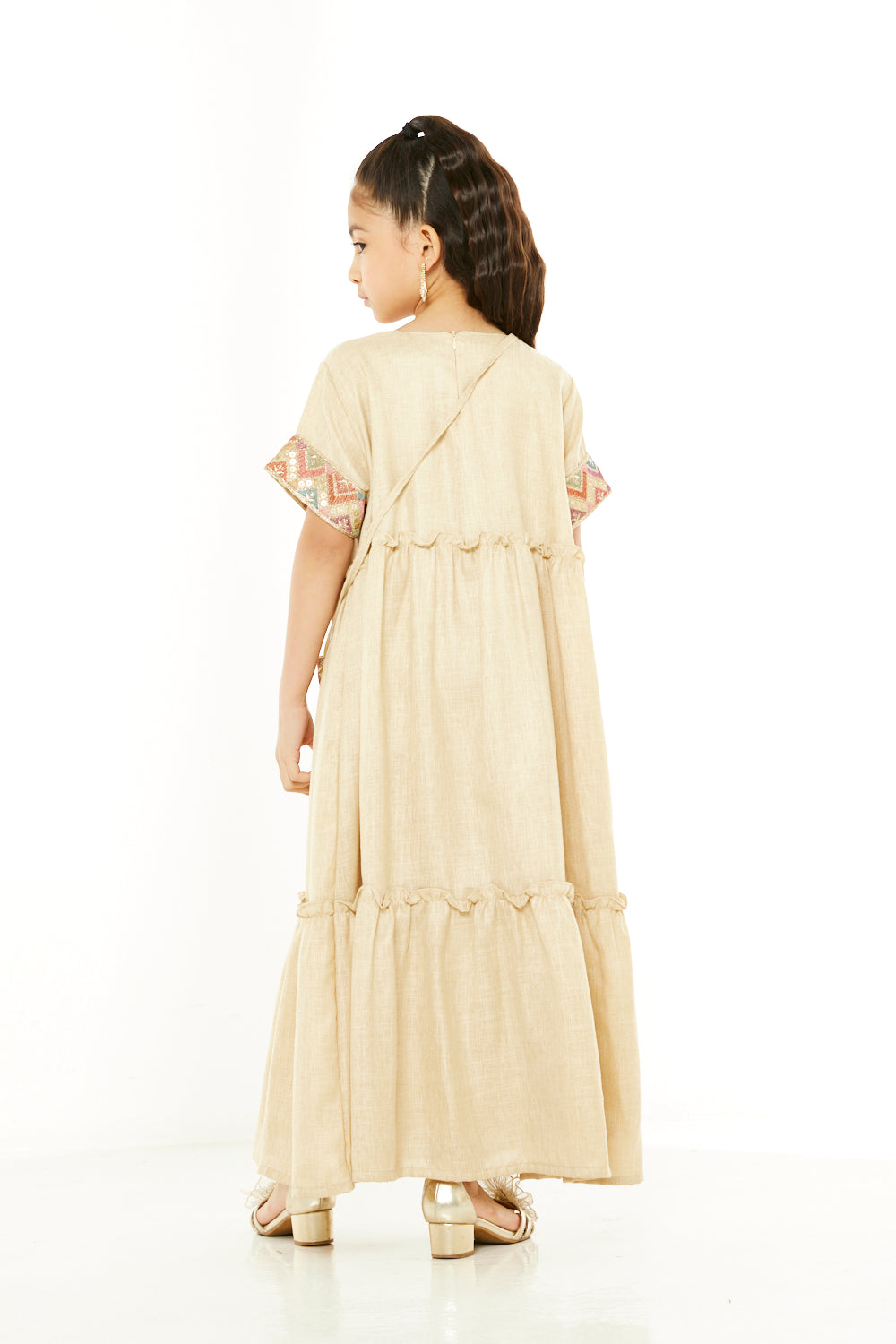 Pastel Chevron Pattern Embellished Jalabiya with Crossbody Bag