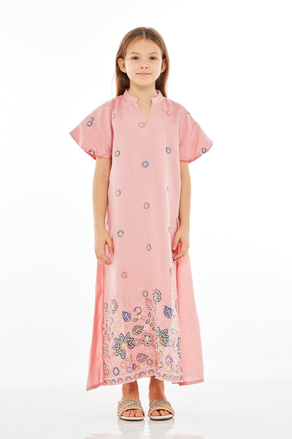 Floral Embroidered Statement Sleeve Straight Maxi Dress